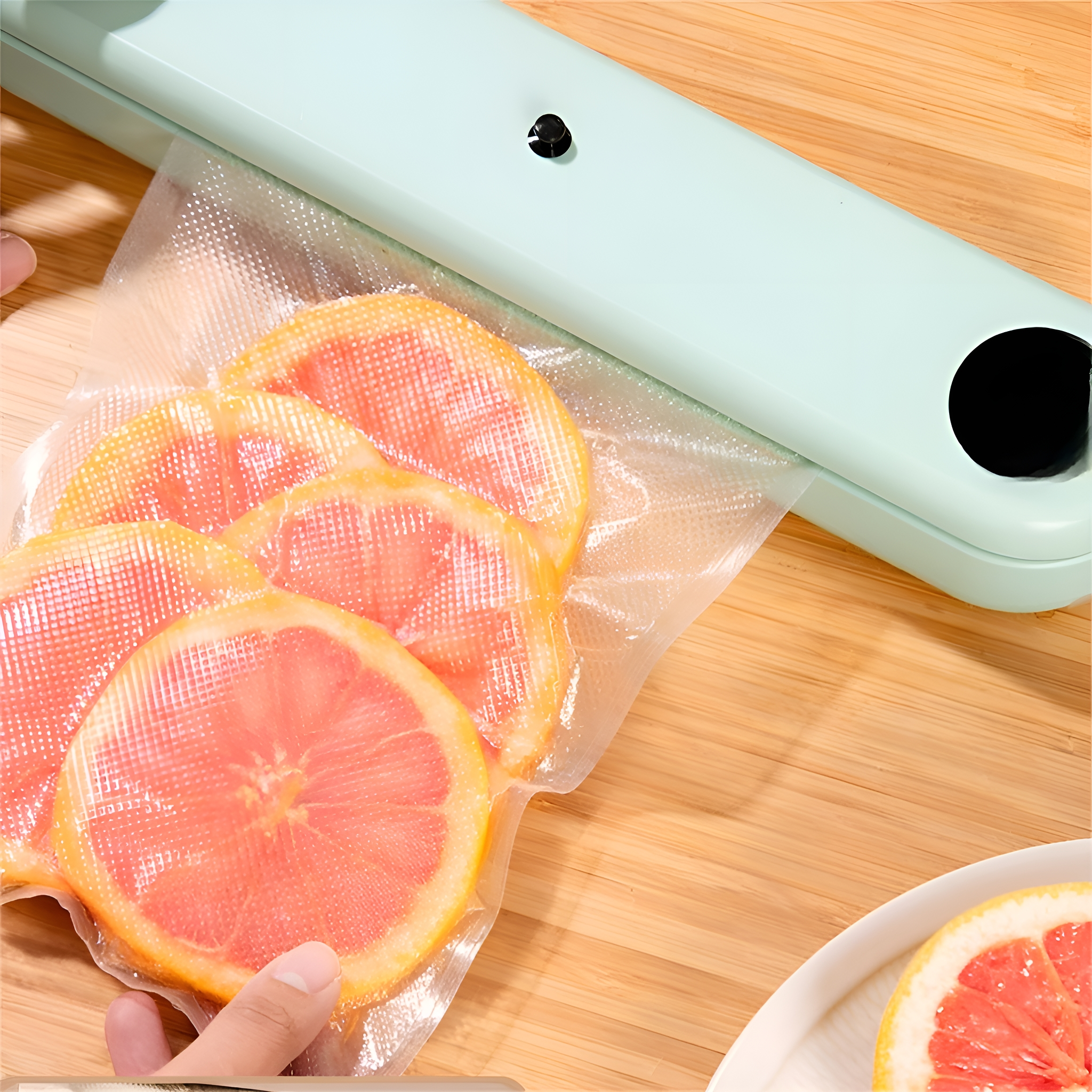 Nahaufnahme einer Lebensmittelsiegelmaschine, die Grapefruit-Scheiben in einem durchsichtigen Plastikbeutel versiegelt.