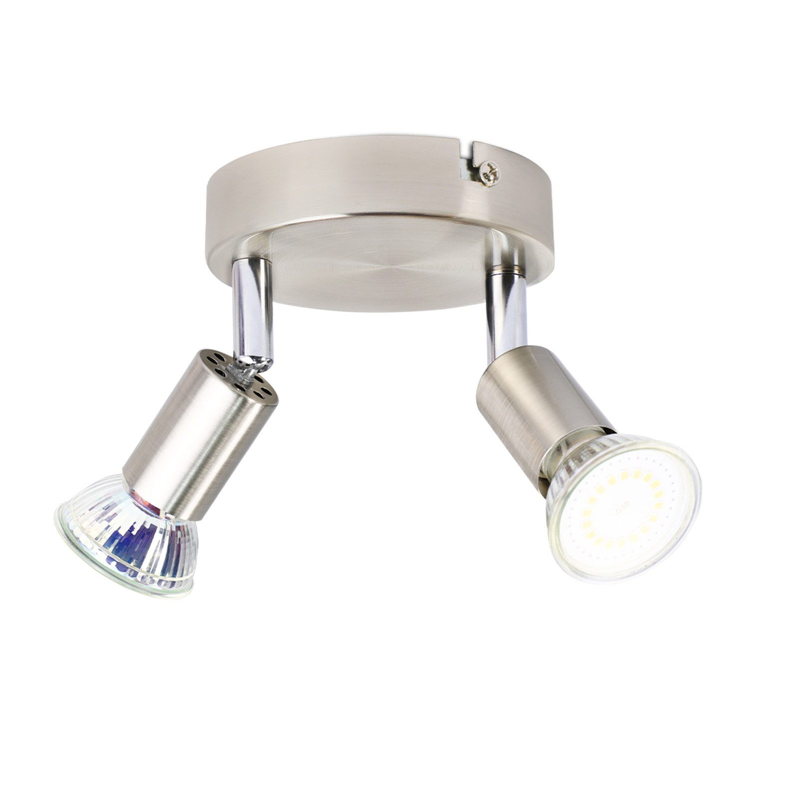 Faretto da soffitto argentato con due luci regolabili. Sfondo bianco.