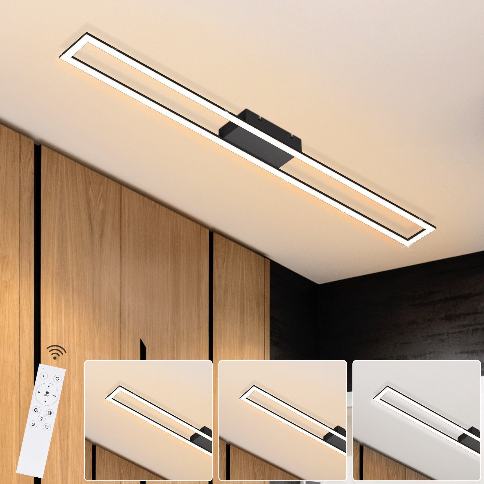 Una plafoniera rettangolare con cornice nera. È mostrata in tre diverse impostazioni di illuminazione, controllate da un telecomando.