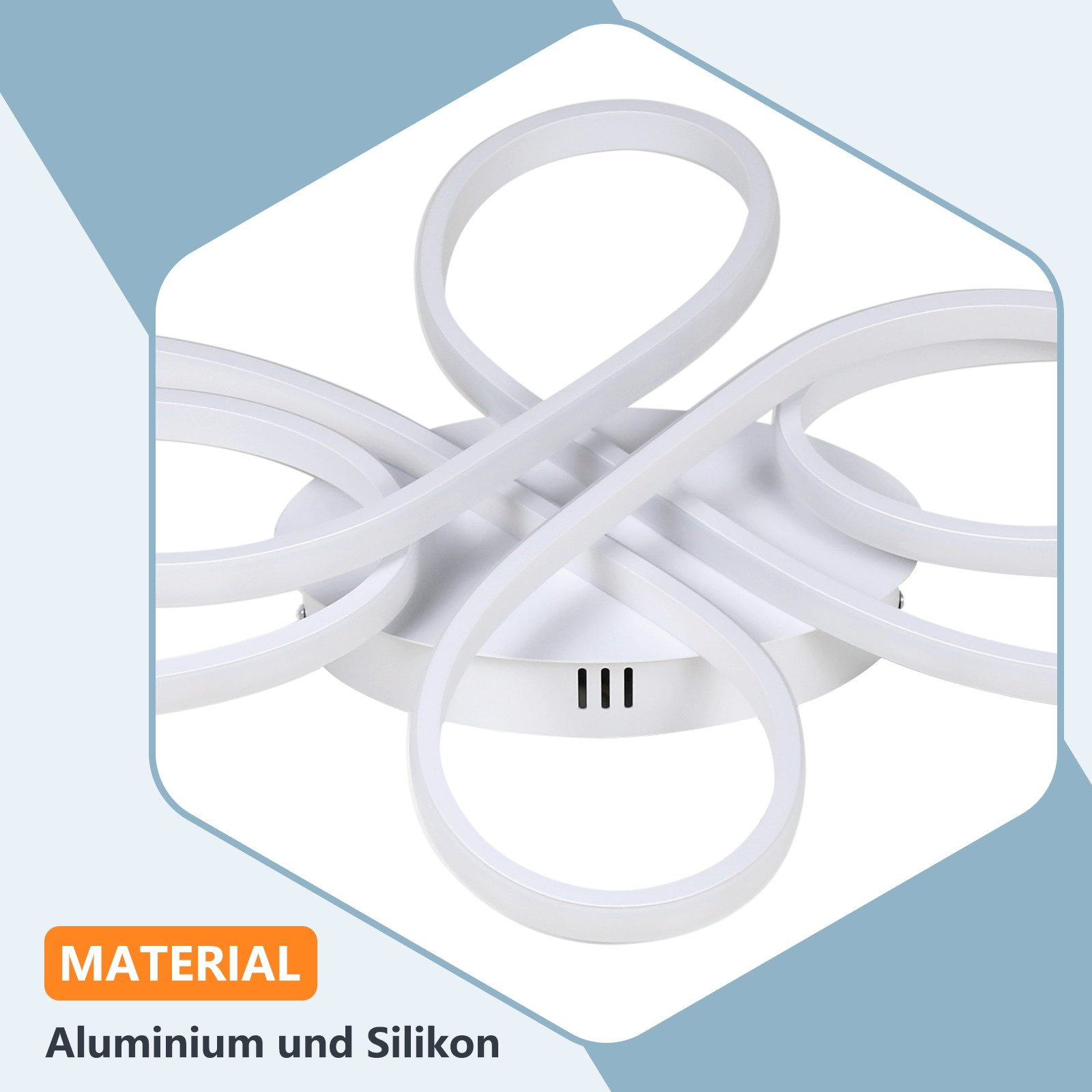 Lampada da soffitto bianca con design ad anello. Lo sfondo mostra un motivo esagonale.