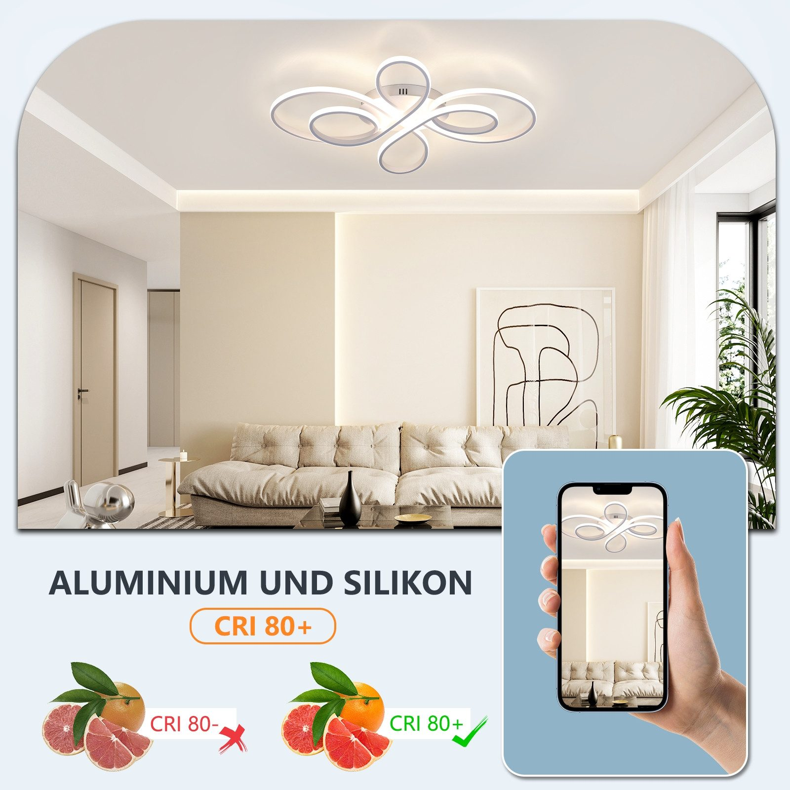 Lampada da soffitto con un design e un telefono che mostra CRI 80+, con pompelmi.