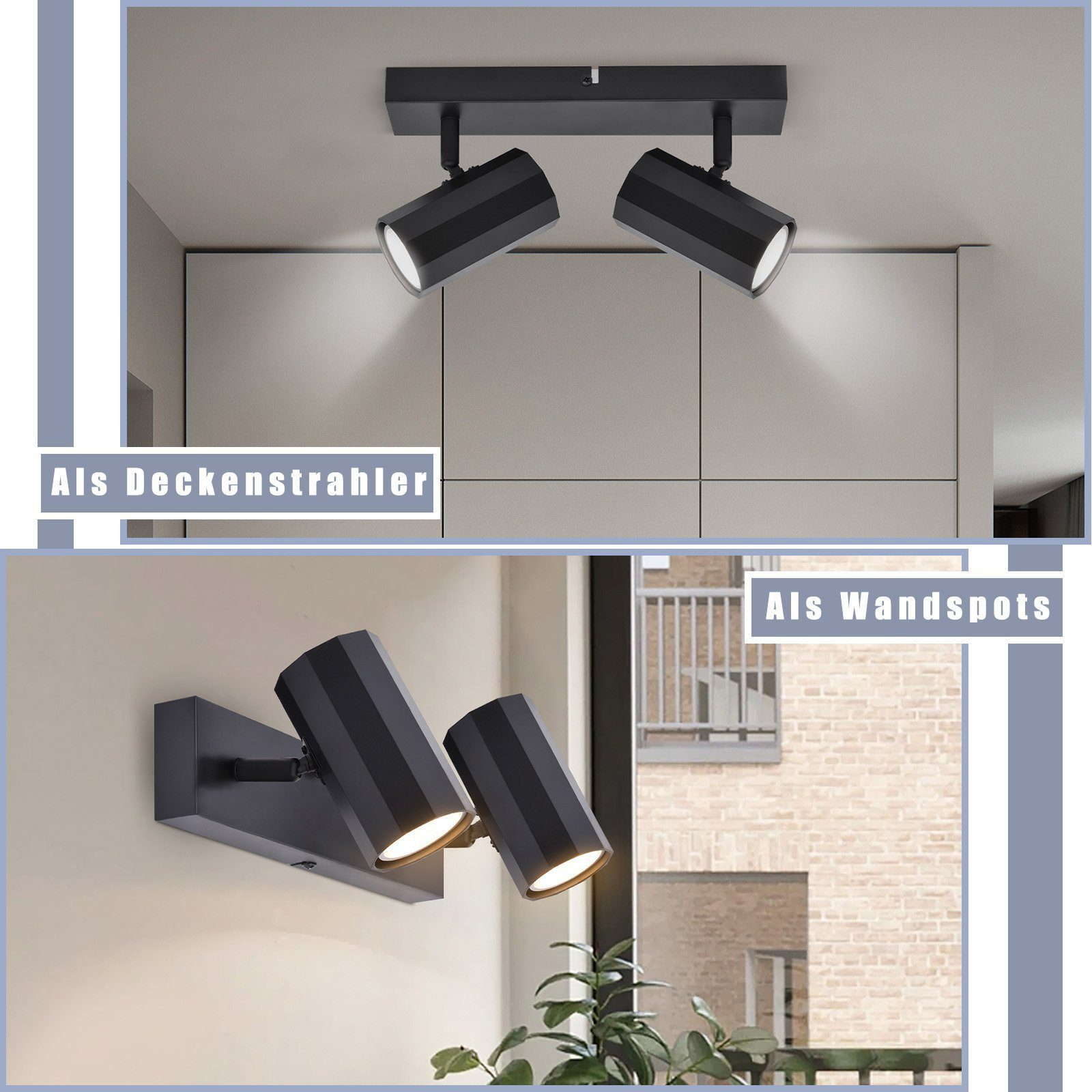 Due immagini di faretti, una come luce da soffitto, l'altra come spot da parete.