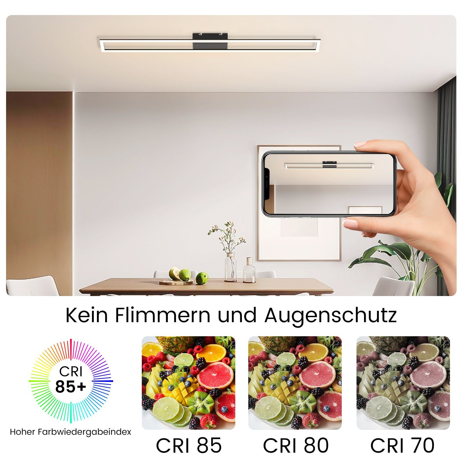 Una lunga luce da soffitto rettangolare sopra un tavolo con frutta, mostrata in un telefono portatile per il confronto CRI.