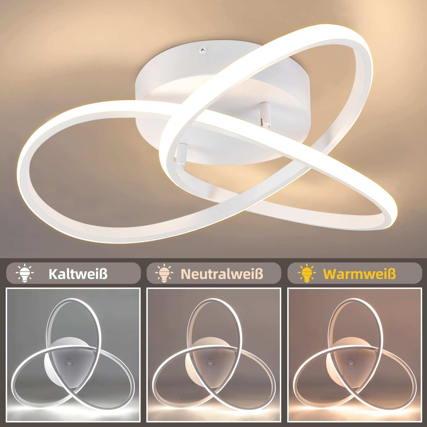 Biała lampa sufitowa o unikalnym wzornictwie. Ma trzy opcje oświetlenia.