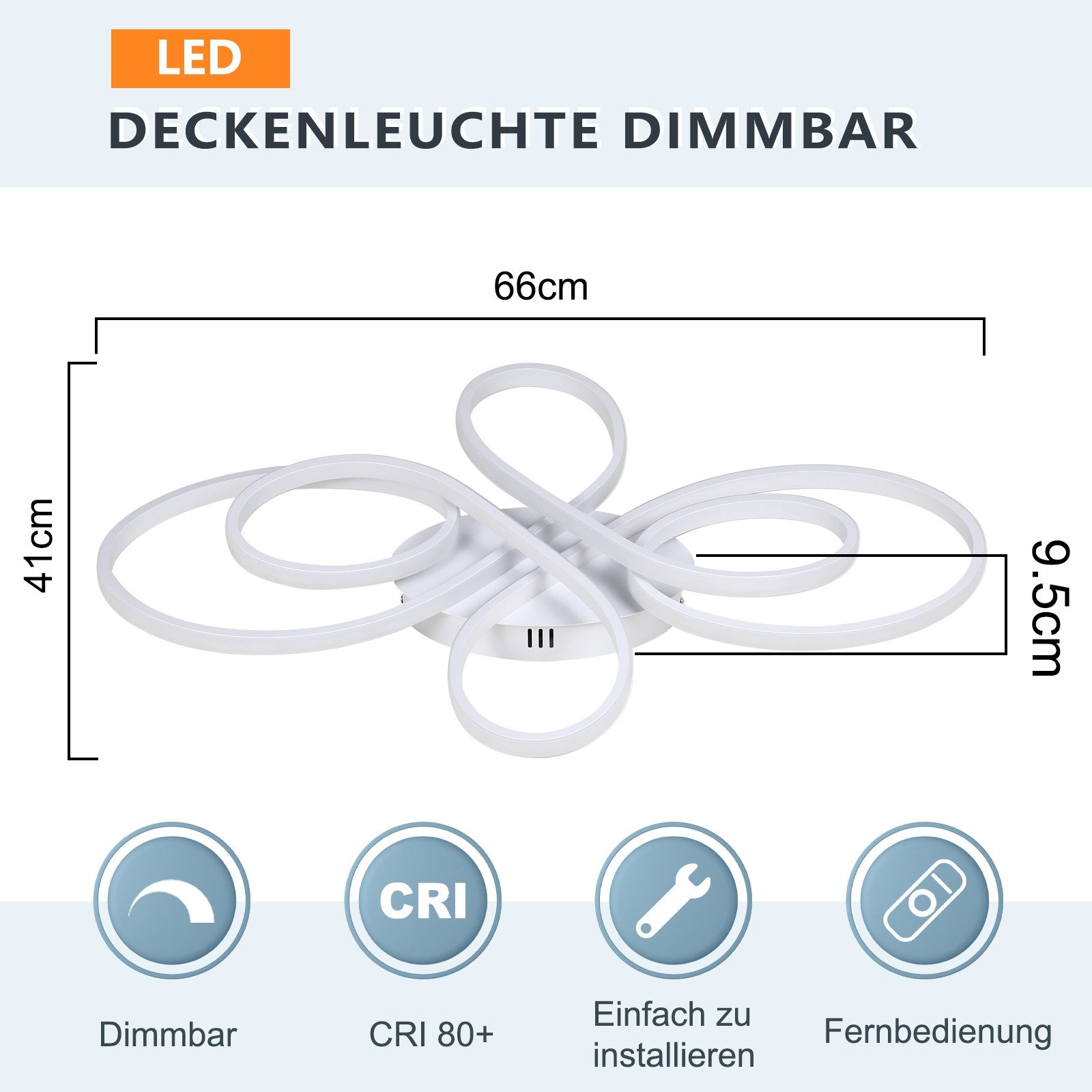 Plafoniera LED bianca, moderna e dimmerabile, con dimensioni e icone delle funzioni.