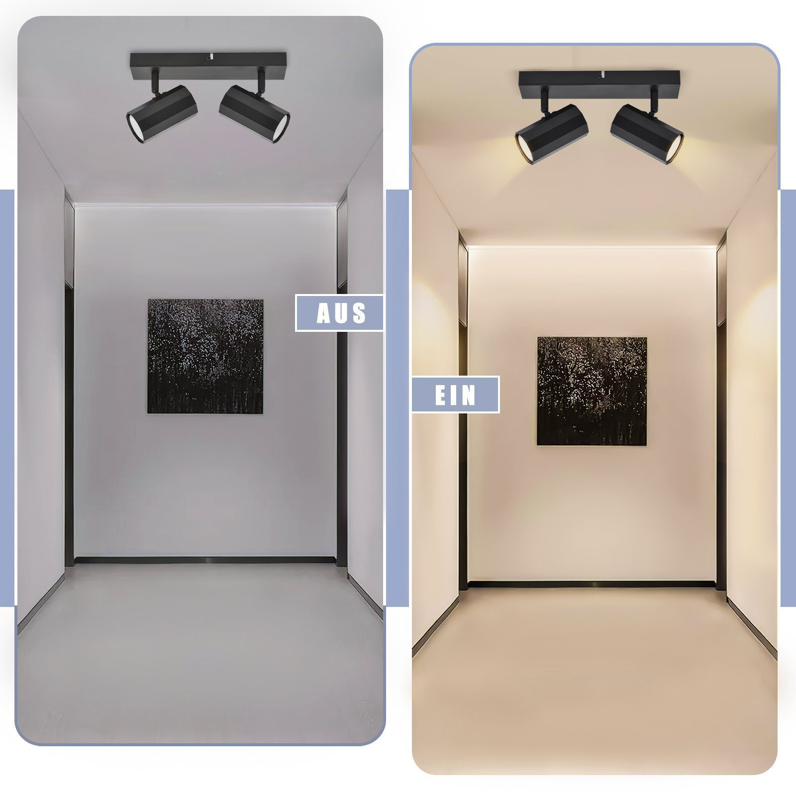 Due immagini che mostrano un corridoio illuminato con faretti, uno spento e uno acceso.