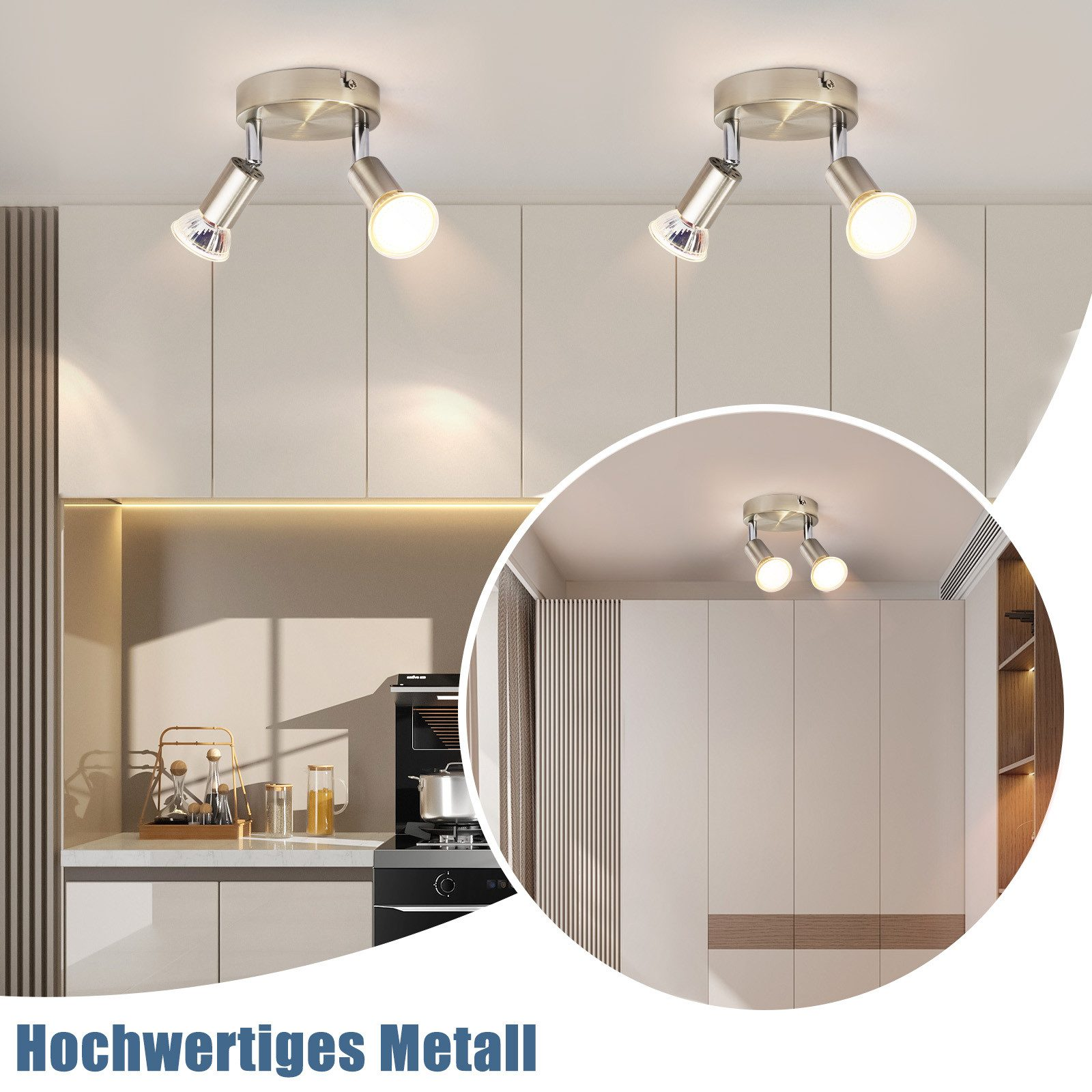 Due faretti montati a soffitto, mostrati in un ambiente cucina. Il testo dice 'Hochwertiges Metall'.