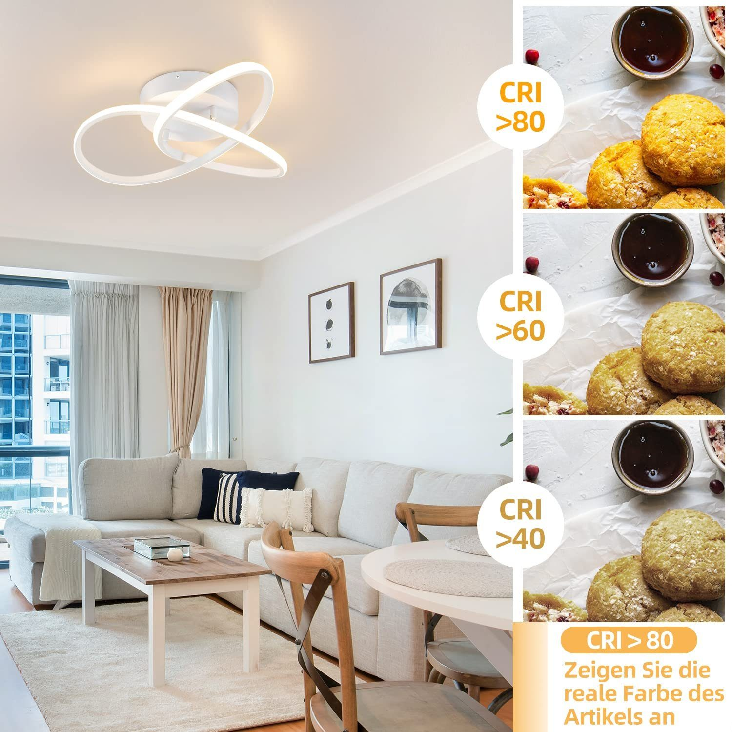 Biała lampa sufitowa z pętlą. Salon z beżową sofą i drewnianym stołem.