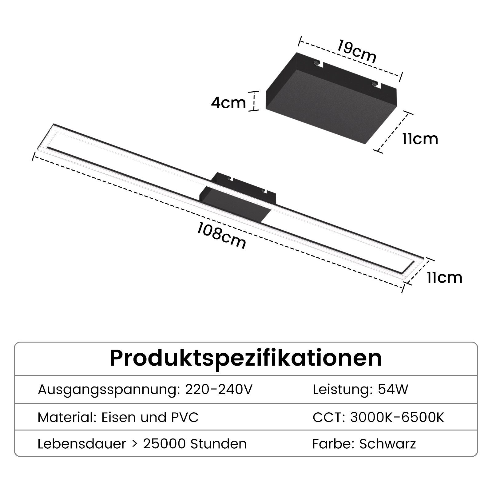 Specifiche del prodotto di un apparecchio a LED nero con dimensioni e dati tecnici.