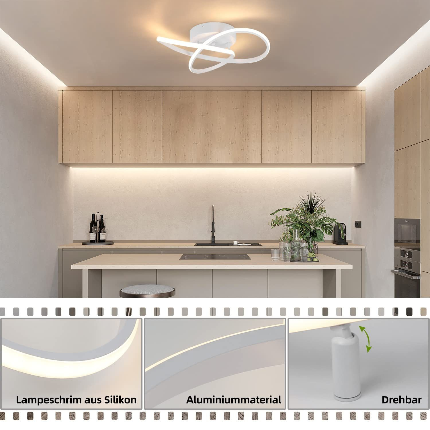 Nowoczesna kuchnia z białą lampą sufitową. Zawiera zbliżenia na design i materiał lampy.