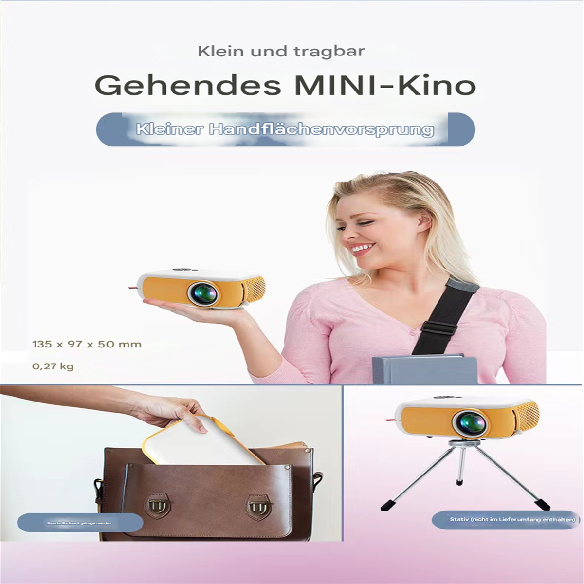 Eine Frau hält einen kleinen Projektor, mit einem Stativ und Gegenständen in einer Tasche.