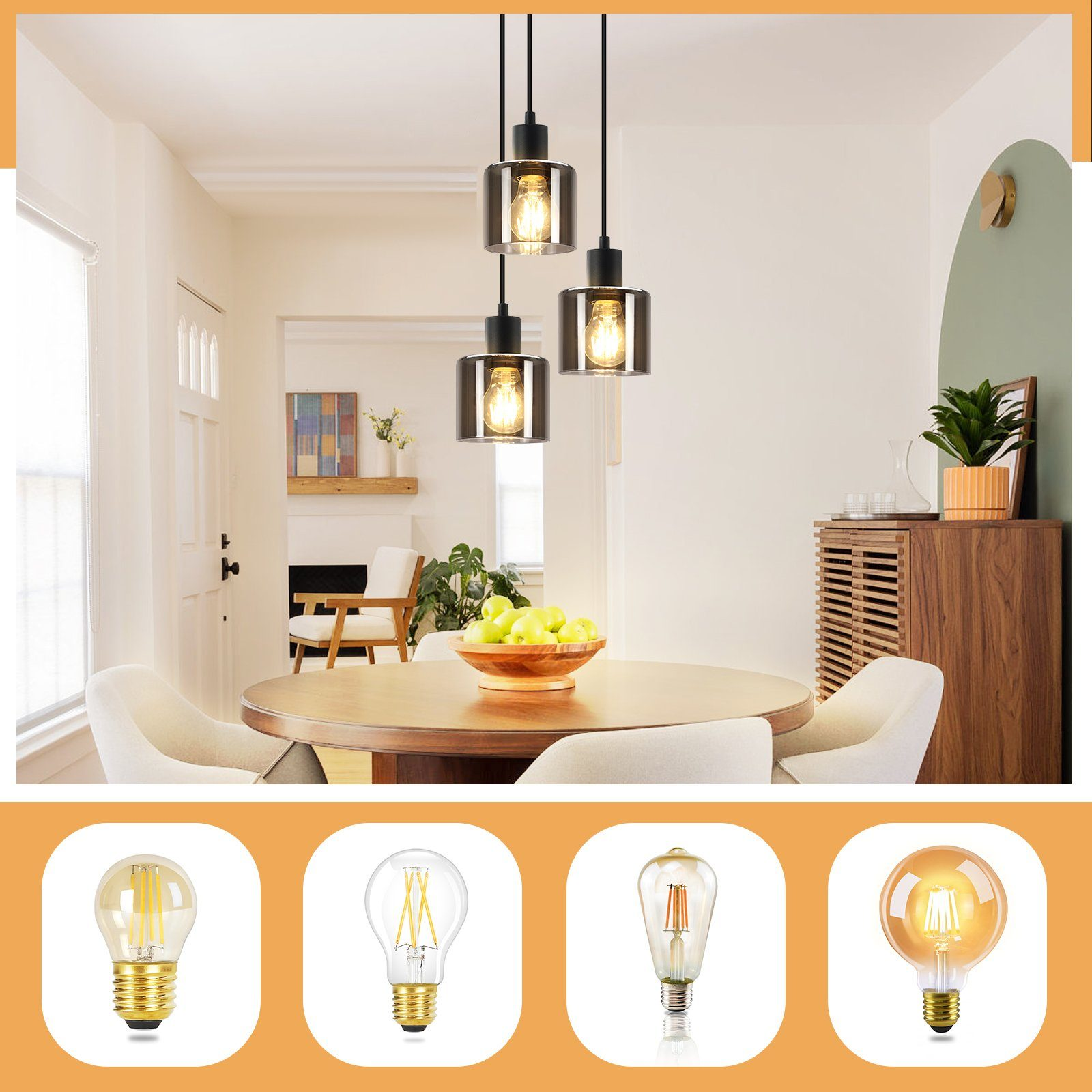 Sala da pranzo con lampade a sospensione, tavolo rotondo e varie opzioni di lampadine.