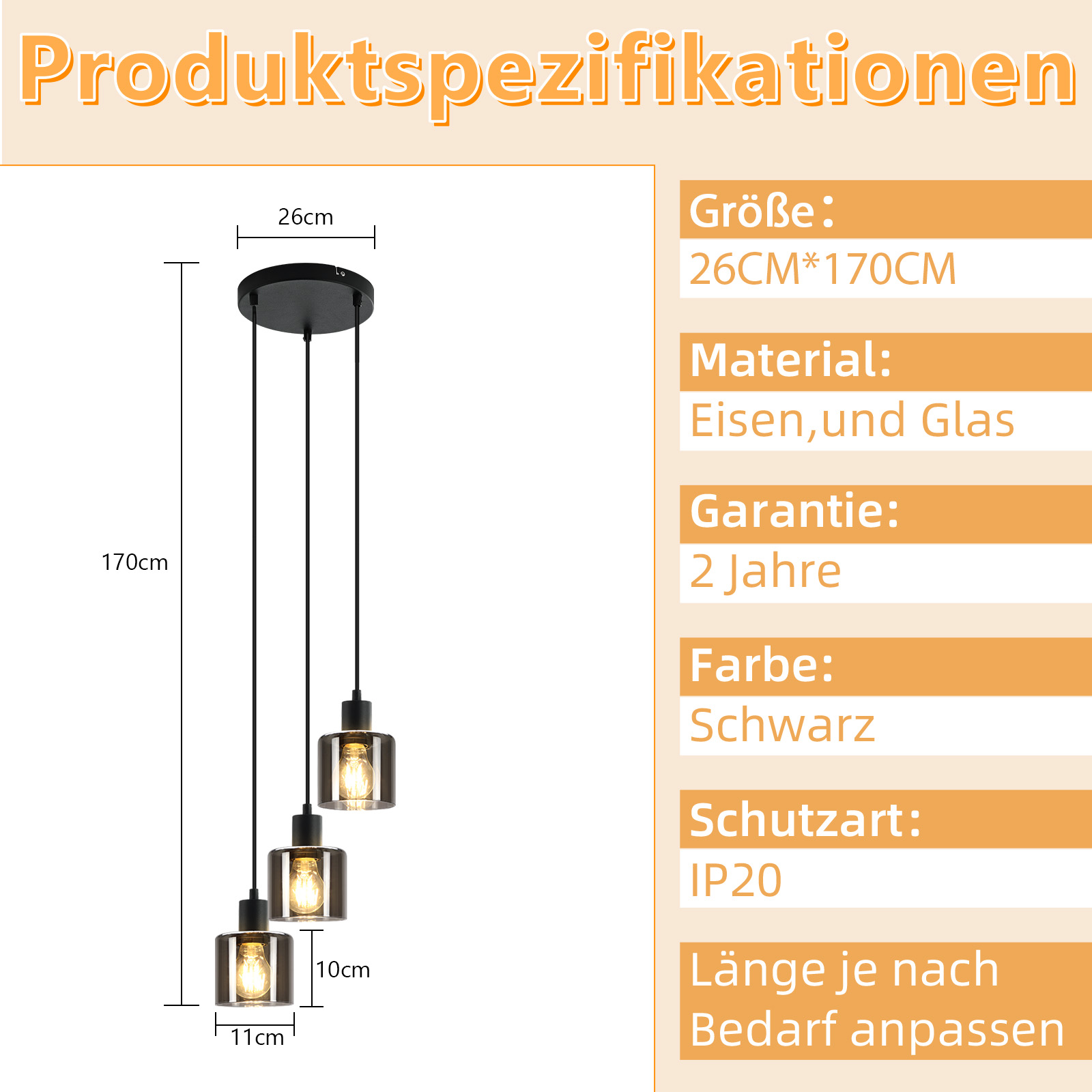 Lampade a sospensione nere con paralumi in vetro. Le specifiche del prodotto sono visualizzate a destra.