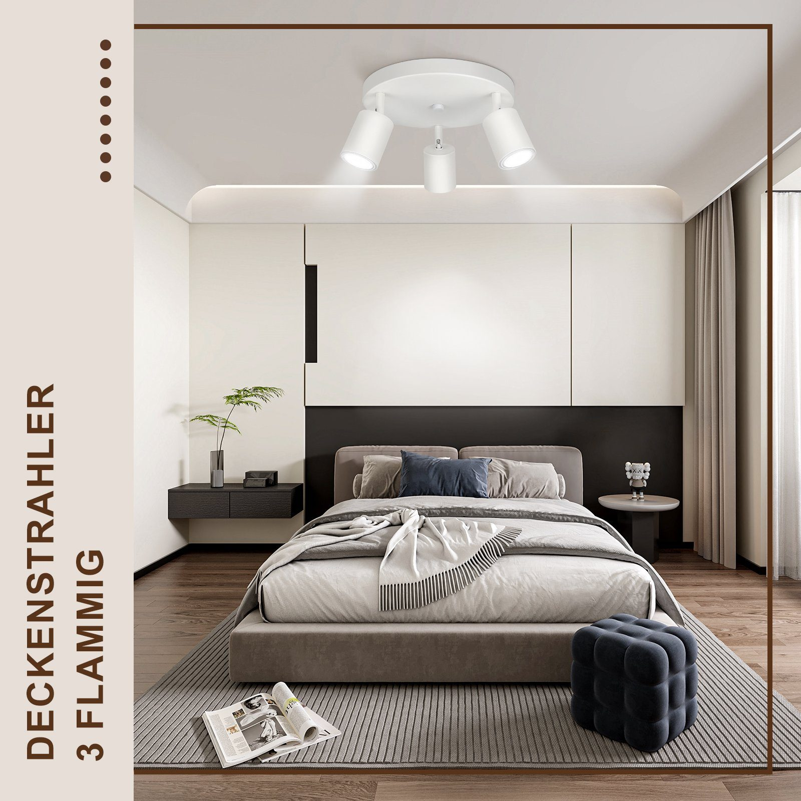 Camera da letto con faretti a soffitto a tre luci. Un letto, un comodino, una panca e un tappeto sono nella stanza.