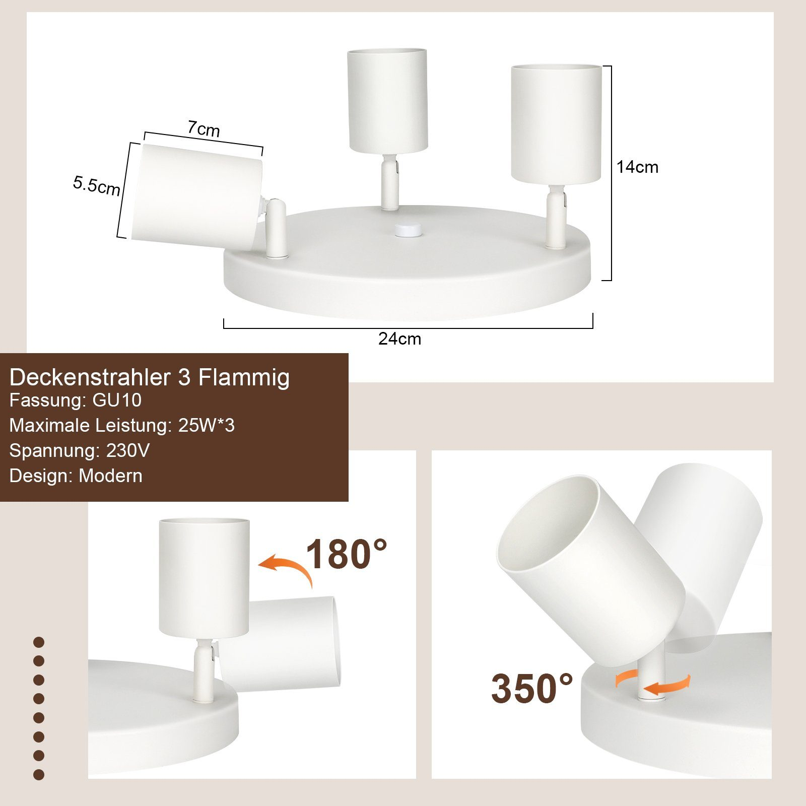 Oprawa oświetleniowa z trzema regulowanymi głowicami z wymiarami i specyfikacjami wymienionymi poniżej.