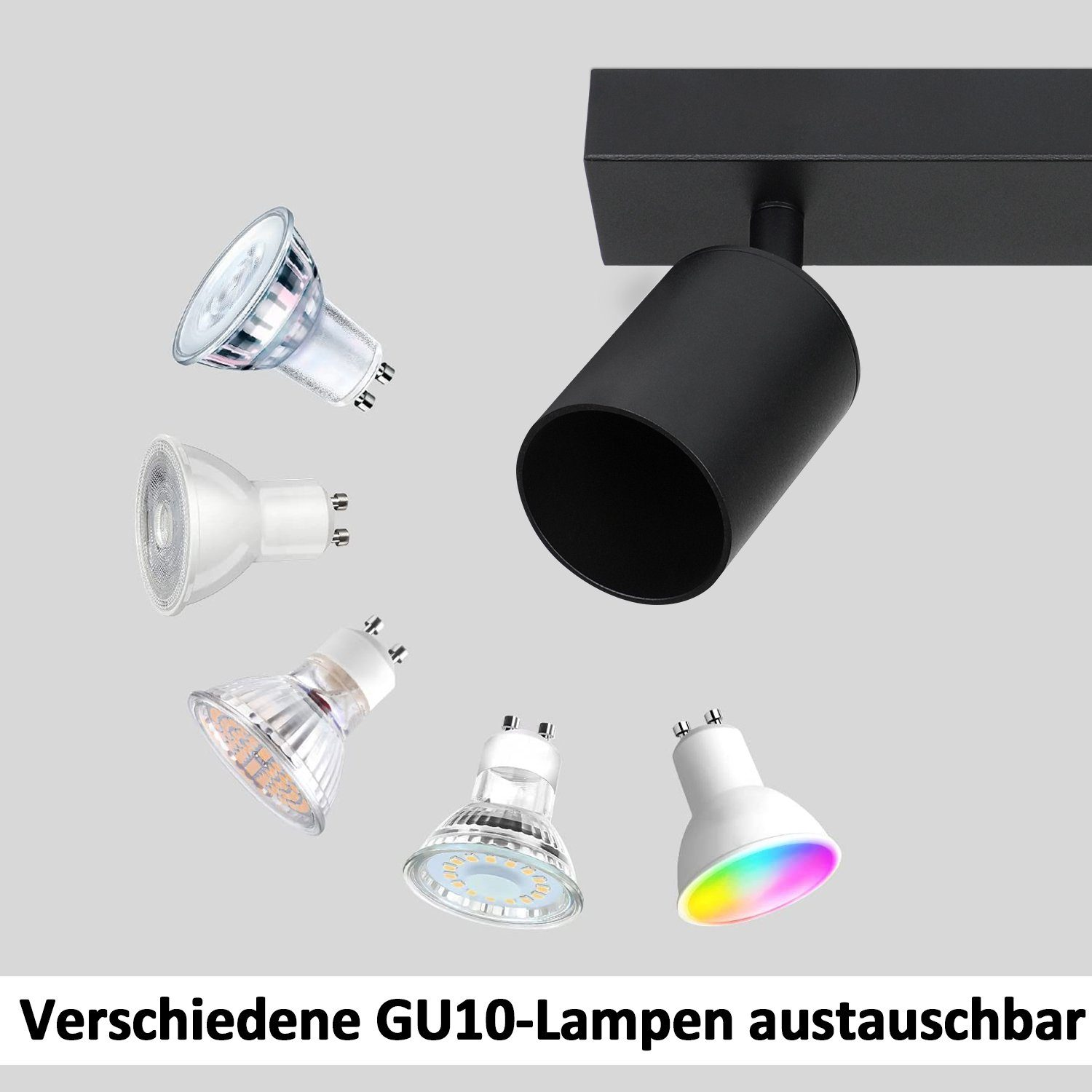 Un faretto con varie lampade GU10 in mostra, pronte per la sostituzione.