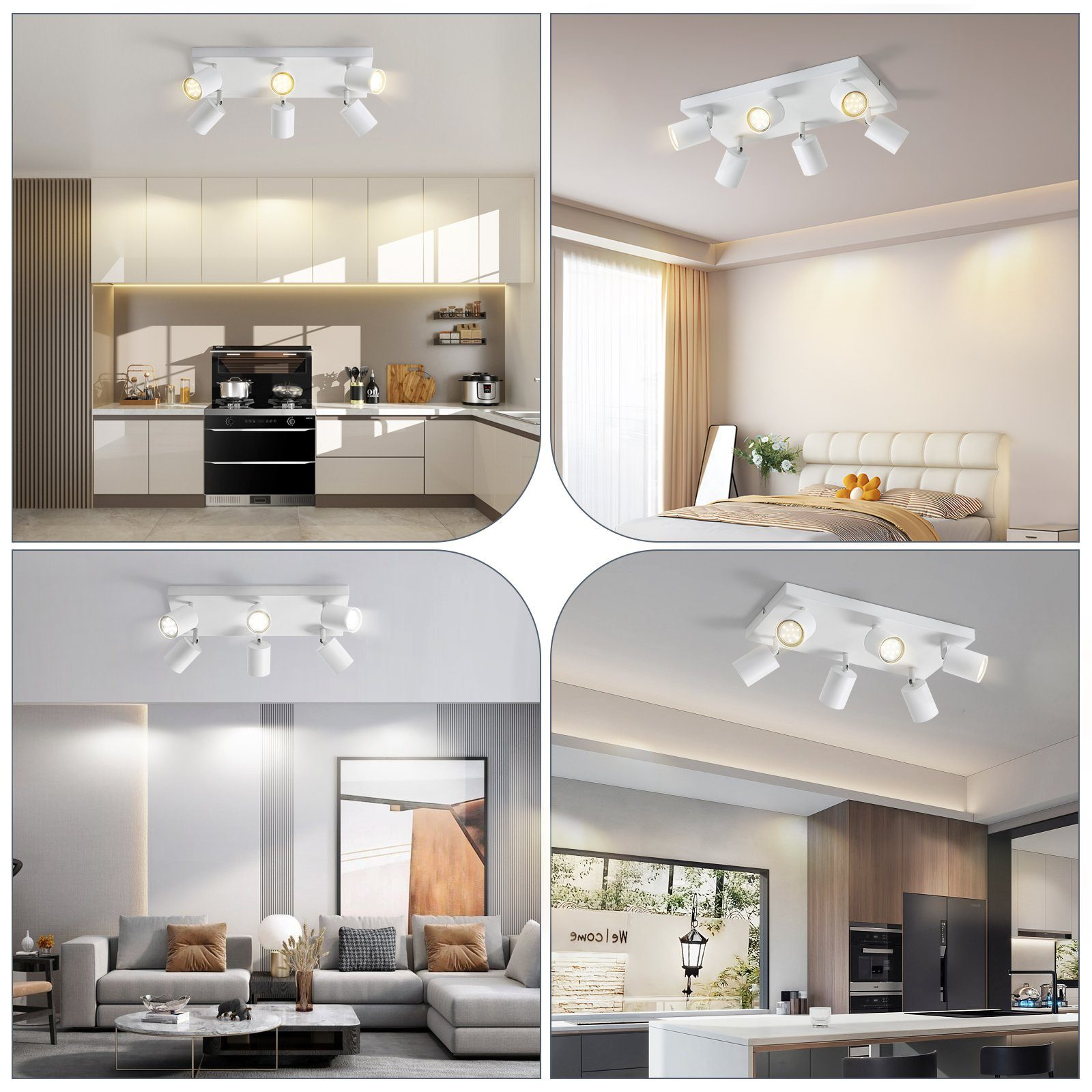 Quattro immagini di un lampadario bianco in diverse stanze. Ognuna mostra un diverso ambiente interno.