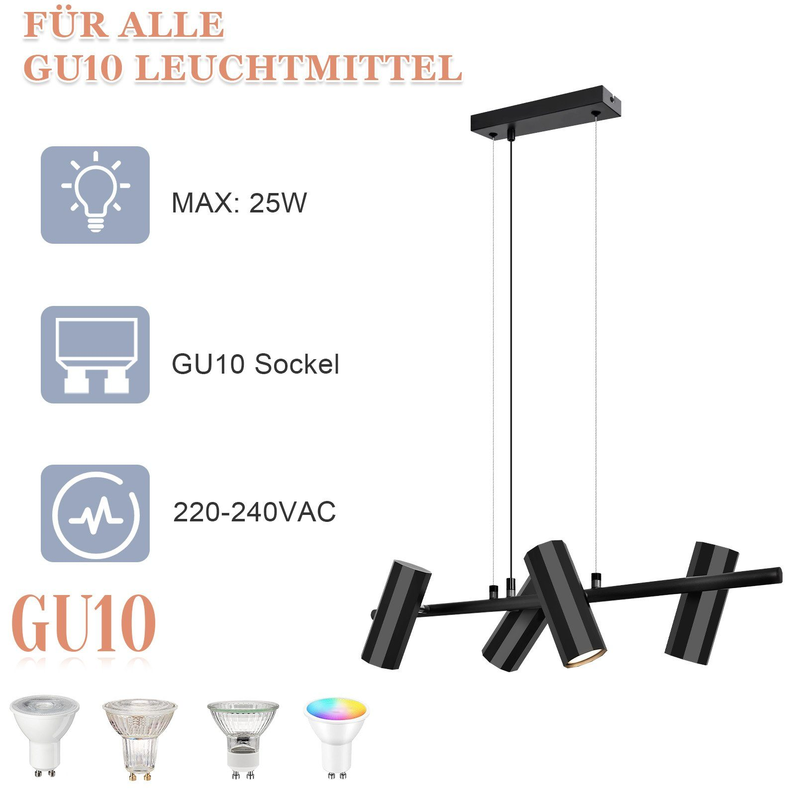 Czarna lampa wisząca GU10 z trzema reflektorami. Symbole pokazują gniazdo GU10 i 220-240VAC.