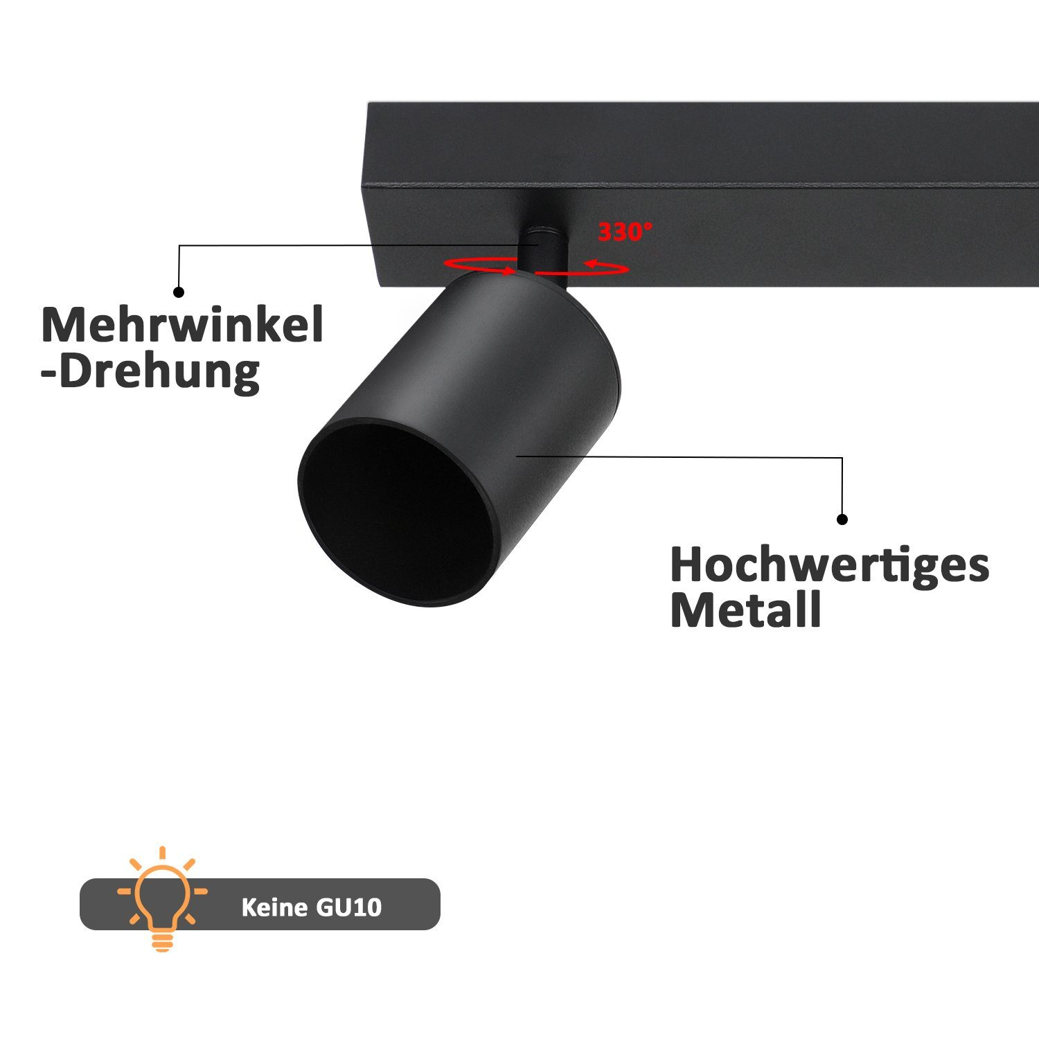 Czarny reflektor z obrotem wielokątnym. Zawiera etykietę wskazującą na brak gniazda GU10.