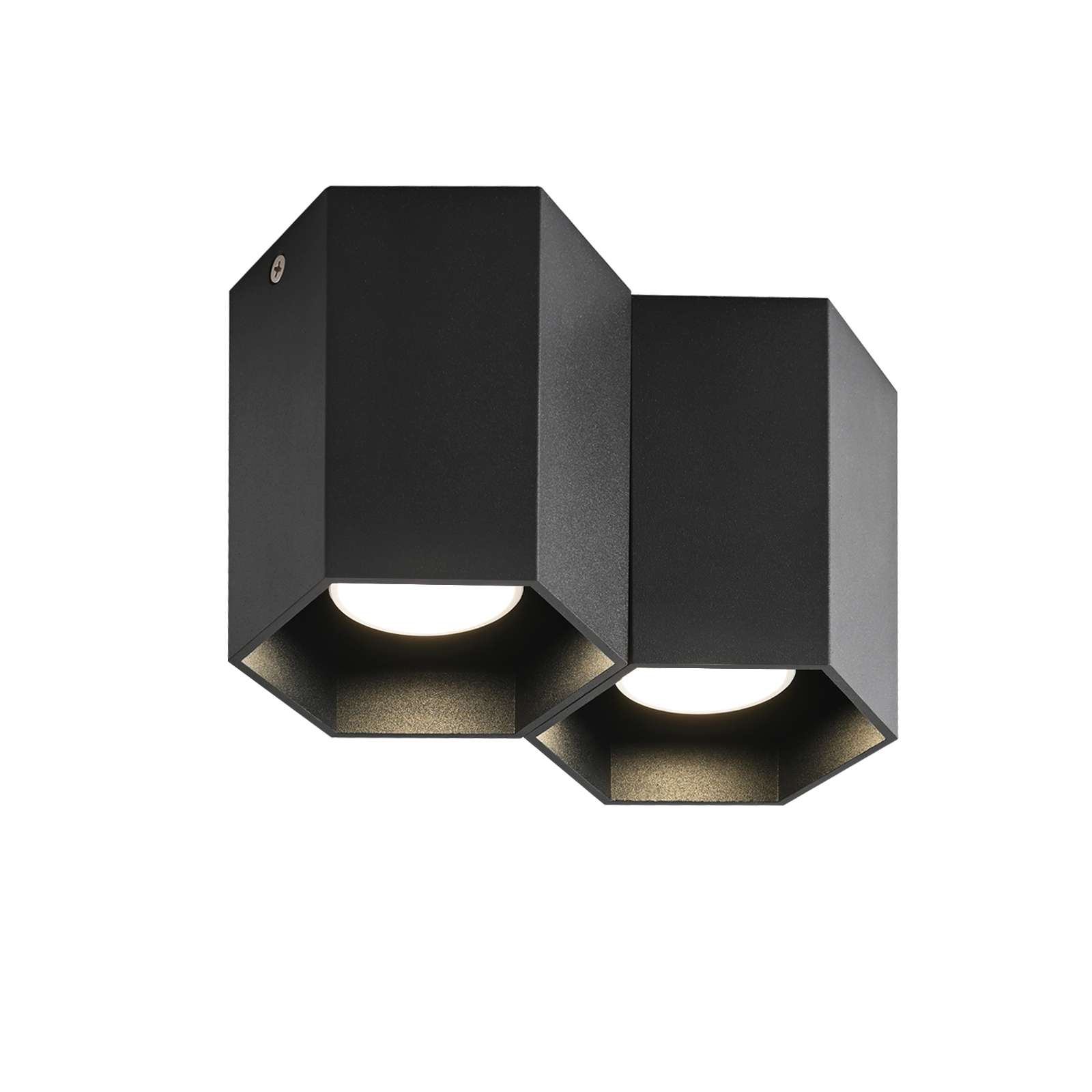 Lampade da parete esagonali nere con luce emessa dal basso, su sfondo bianco.