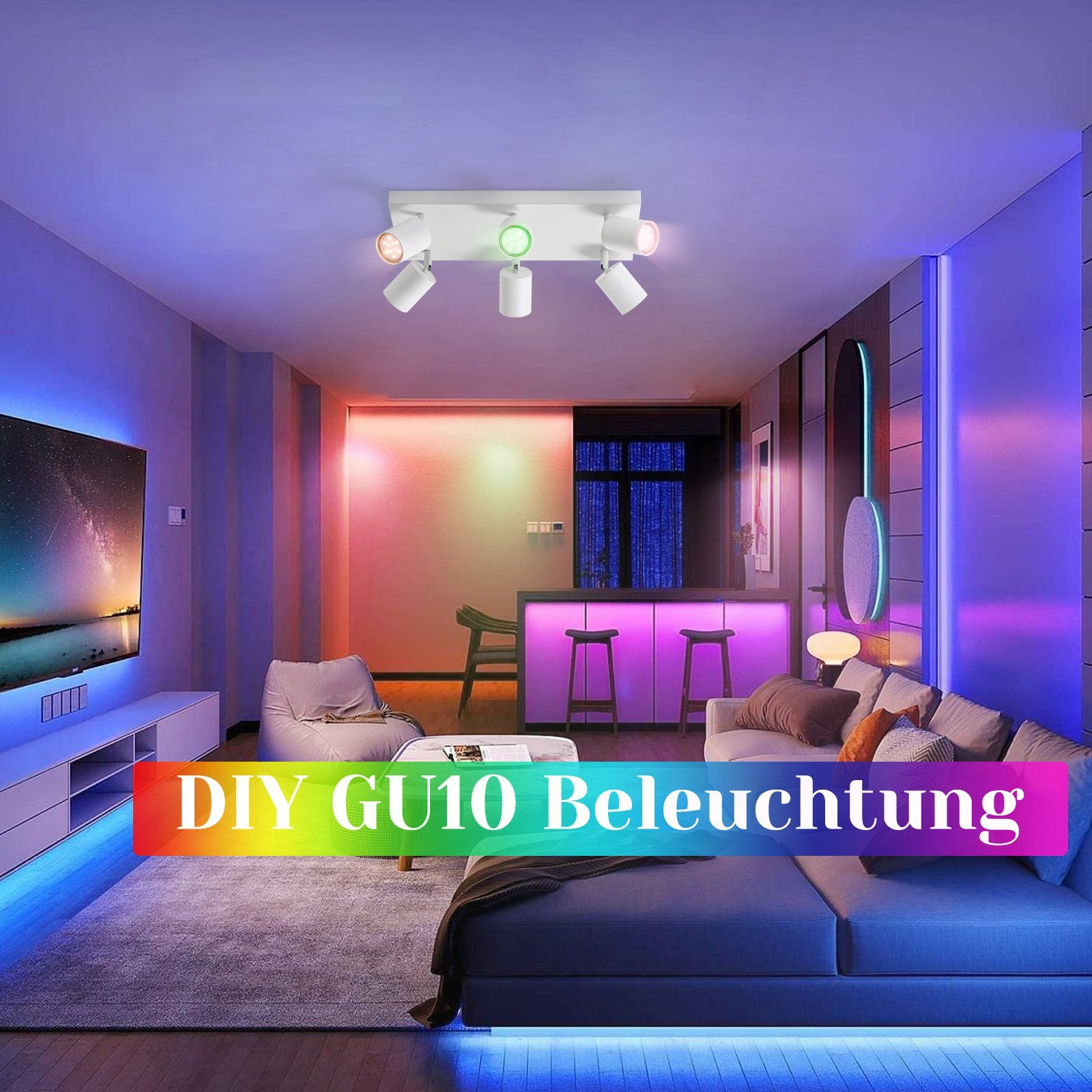 Un soggiorno con illuminazione colorata da un'illuminazione a soffitto e strisce LED.