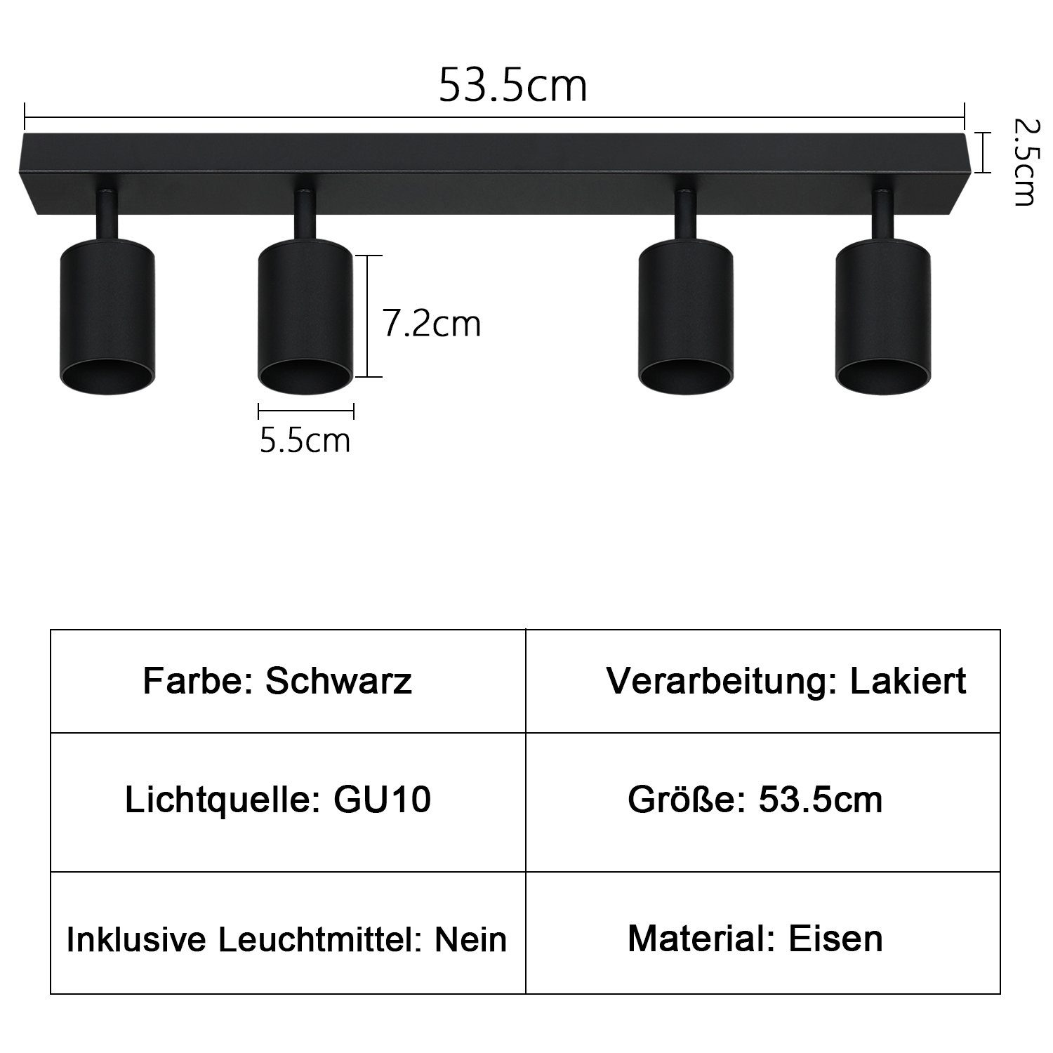 Un diagramma di un apparecchio di illuminazione a binario nero con dimensioni e icone per l'attacco GU10 e l'attenuazione.