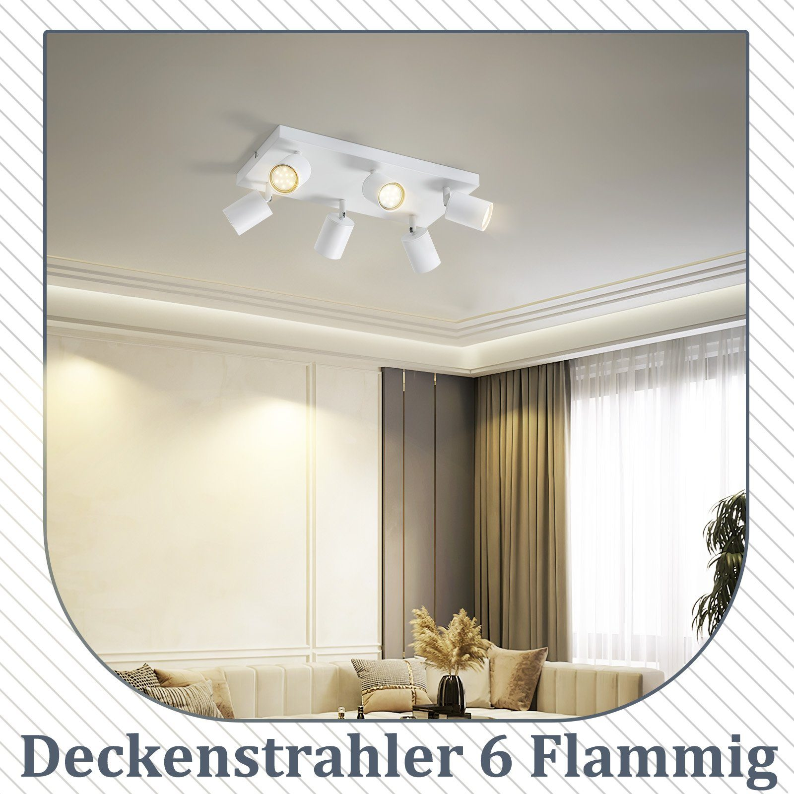 Un apparecchio a soffitto bianco con sei faretti. L'apparecchio è su un soffitto bianco con una parete color crema.