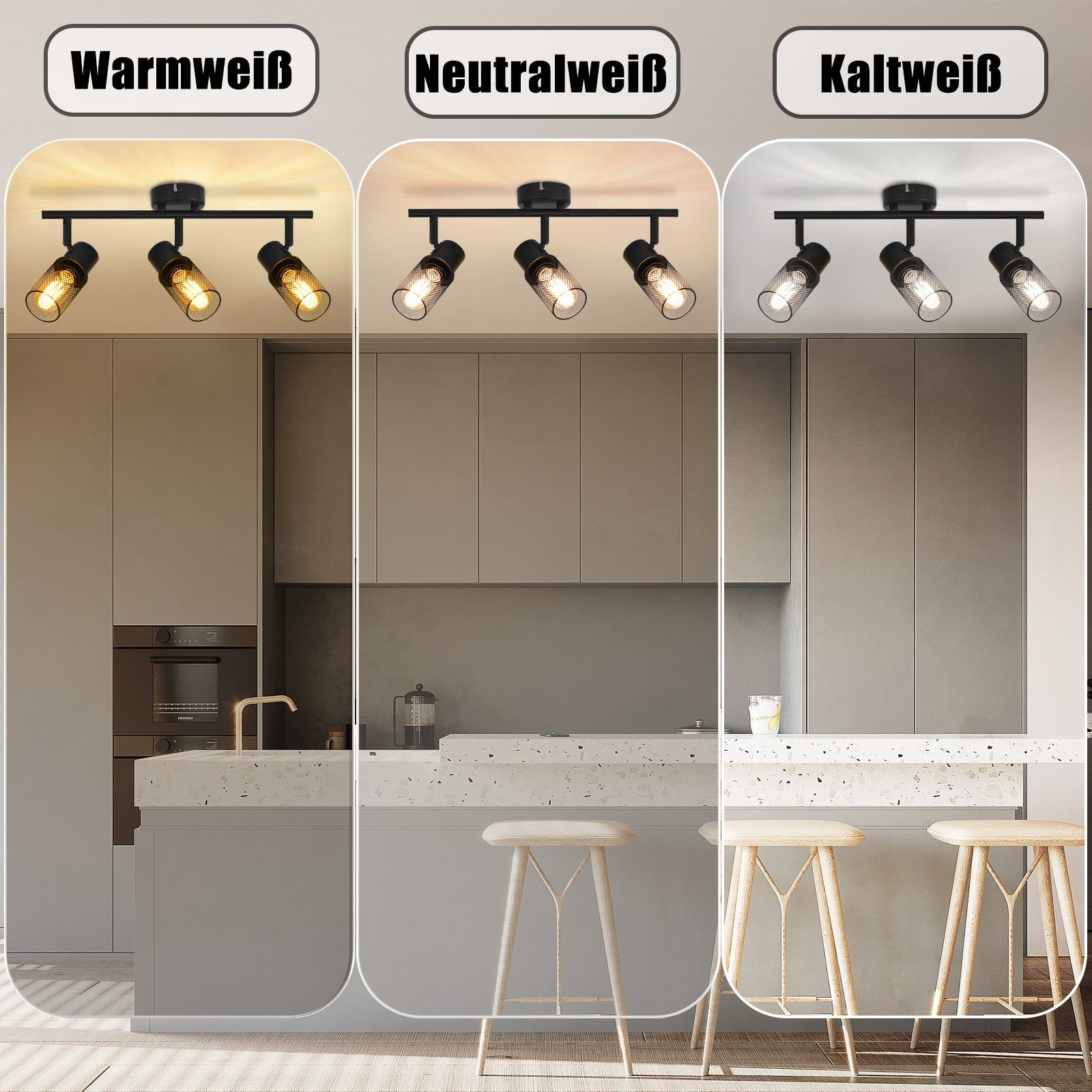 Cucina con tre impostazioni di luce. Luci a soffitto. Sgabelli in primo piano. Cucina sullo sfondo.
