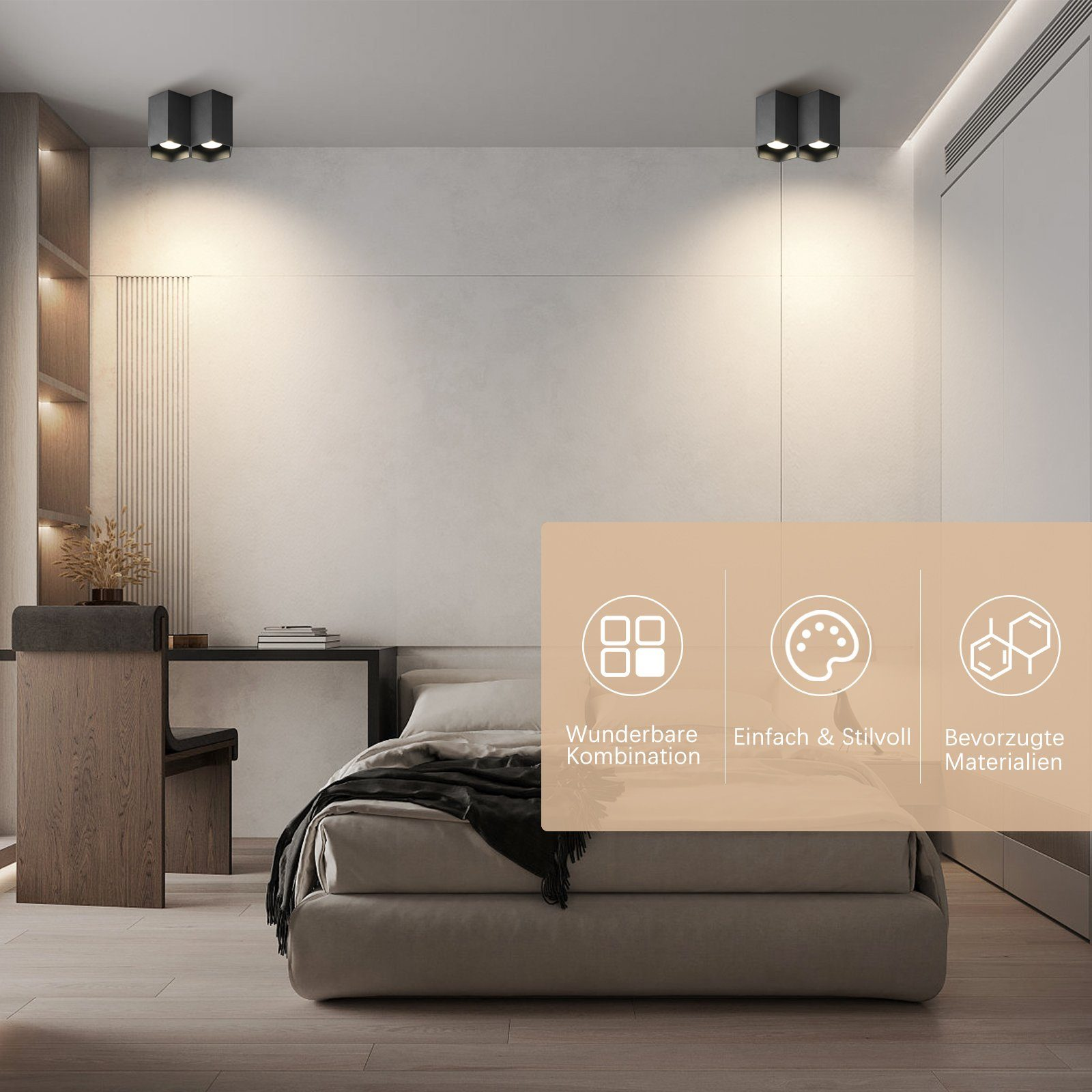 Camera da letto moderna. Letto grigio, pareti chiare, faretti a soffitto. Icone con testo sotto.