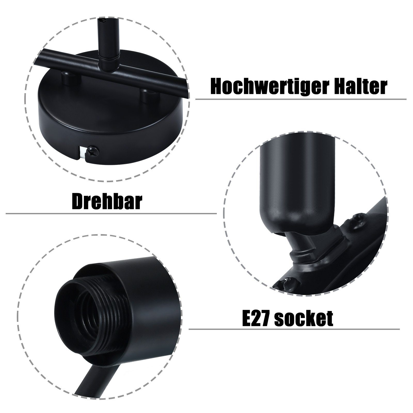 Componenti neri dell'apparecchio: base, supporto e attacco E27.