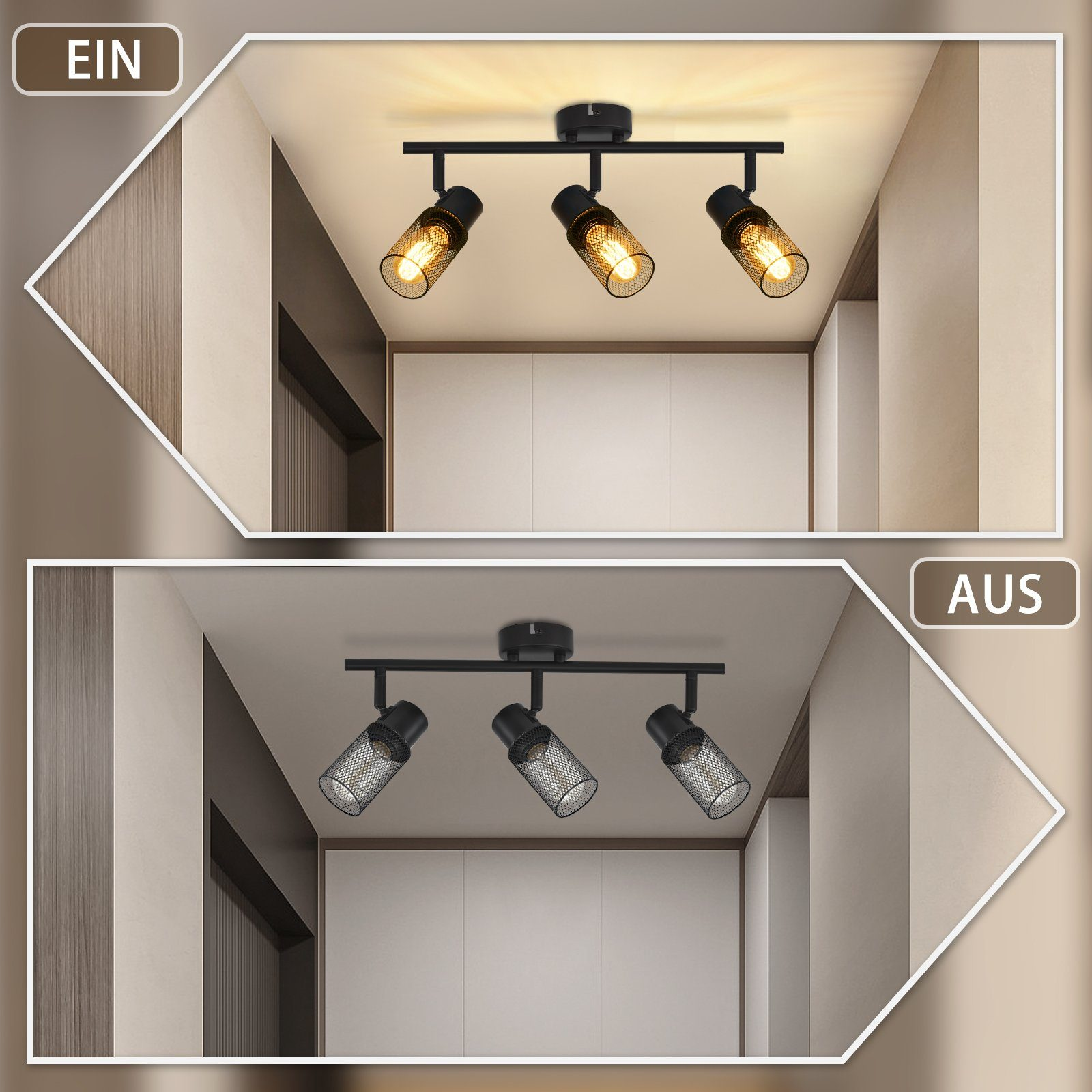 Un set di tre faretti neri su un soffitto bianco. L'immagine in alto li mostra accesi, in basso spenti.