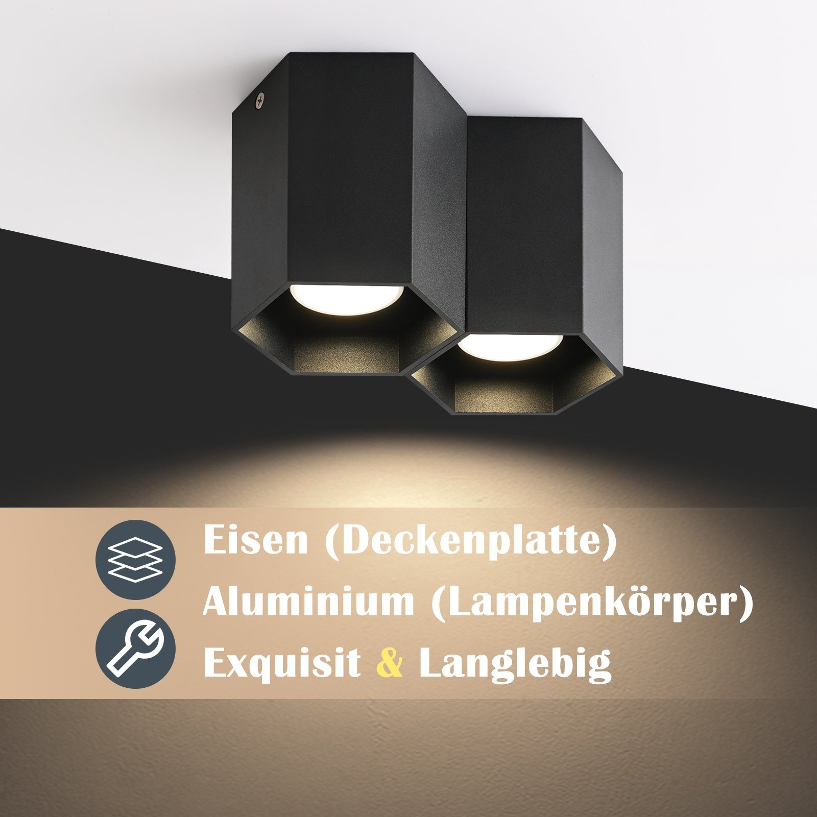 Luci a soffitto geometriche nere con due sorgenti luminose e testo che descrive i materiali.