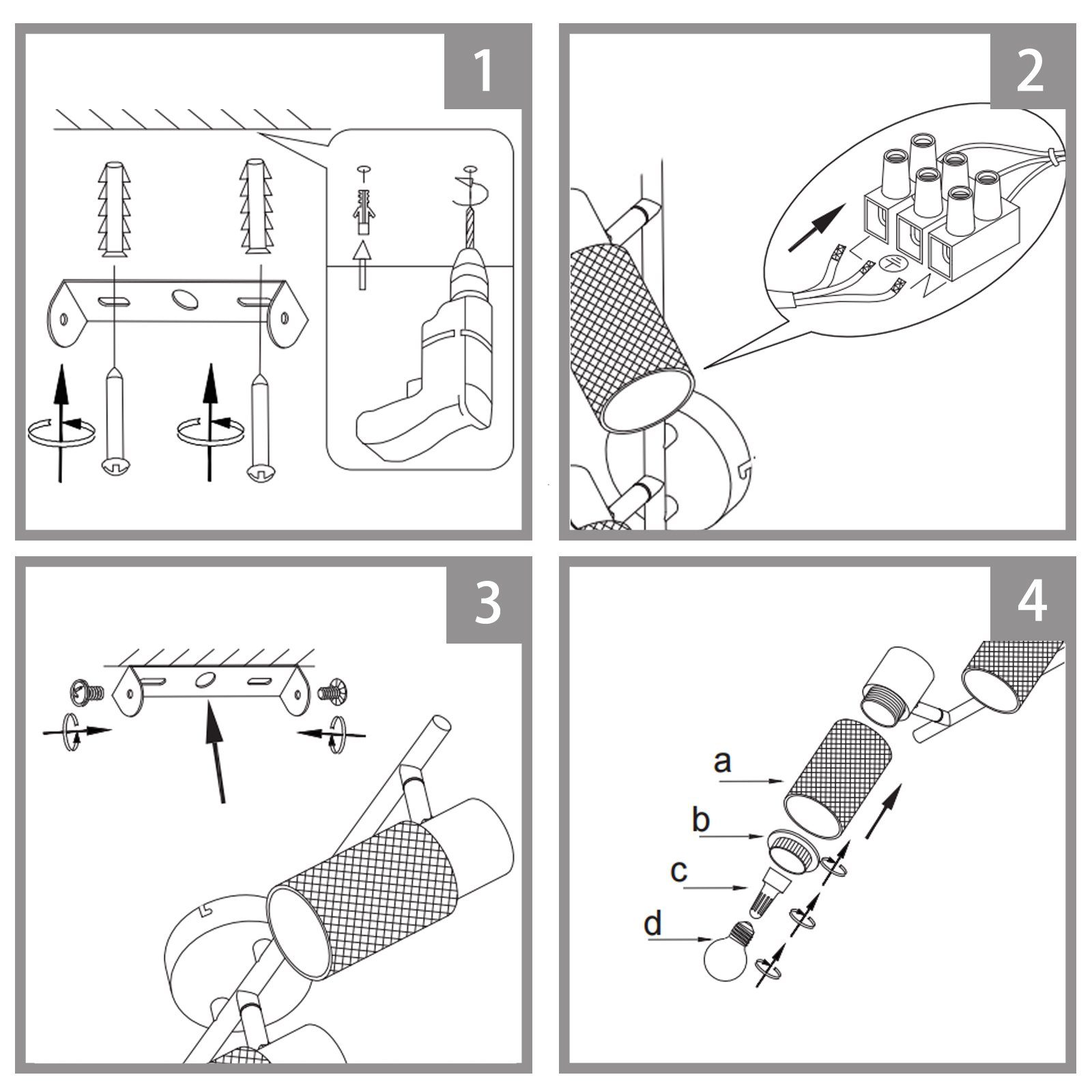 Diagramma che mostra i passaggi per installare un apparecchio di illuminazione. Include foratura, cablaggio e fissaggio dell'apparecchio.