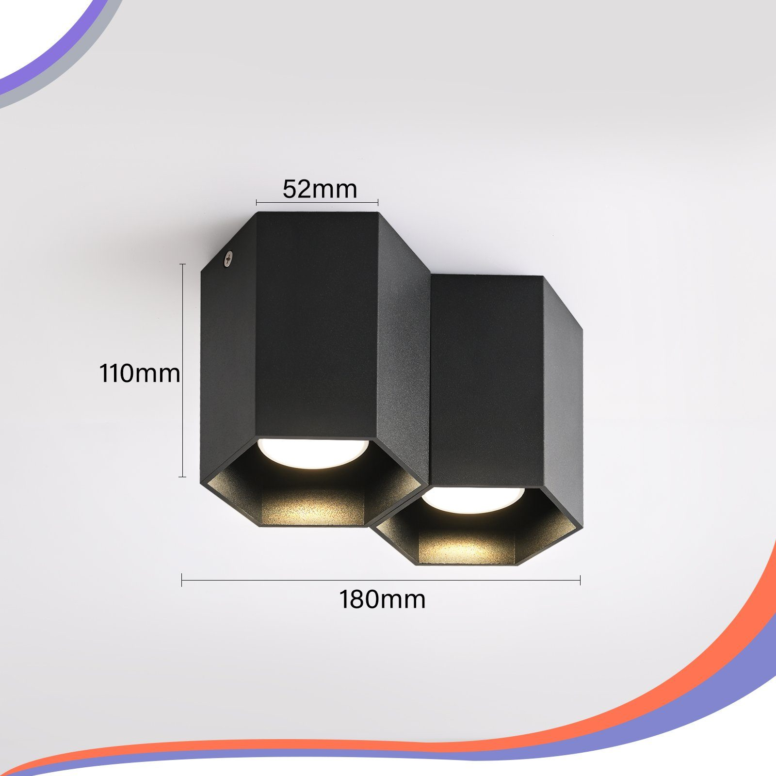 Due luci esagonali nere con misure: 110 mm, 52 mm e 180 mm.