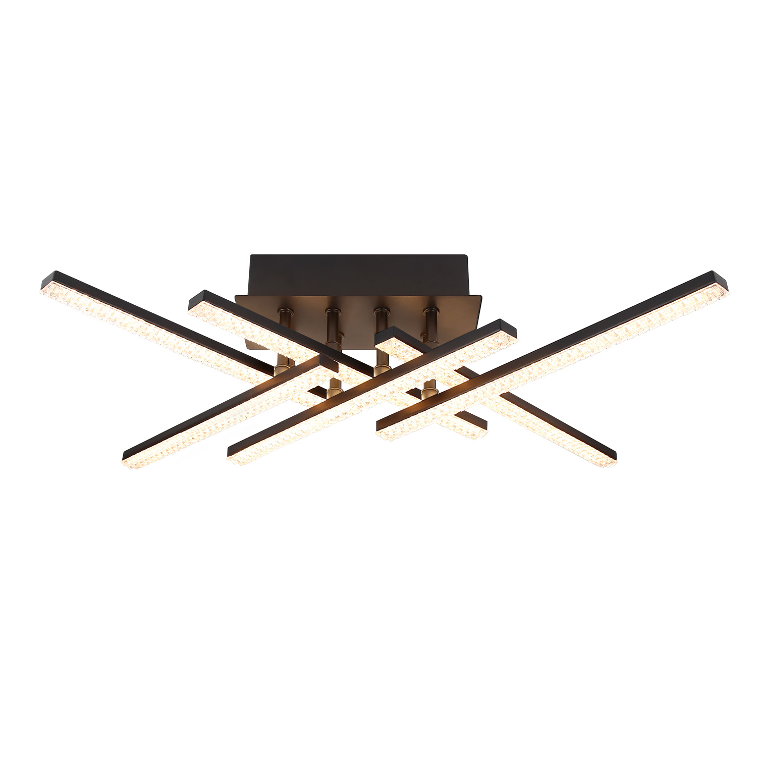 Lampada da soffitto moderna con più barre luminose. Sfondo bianco.