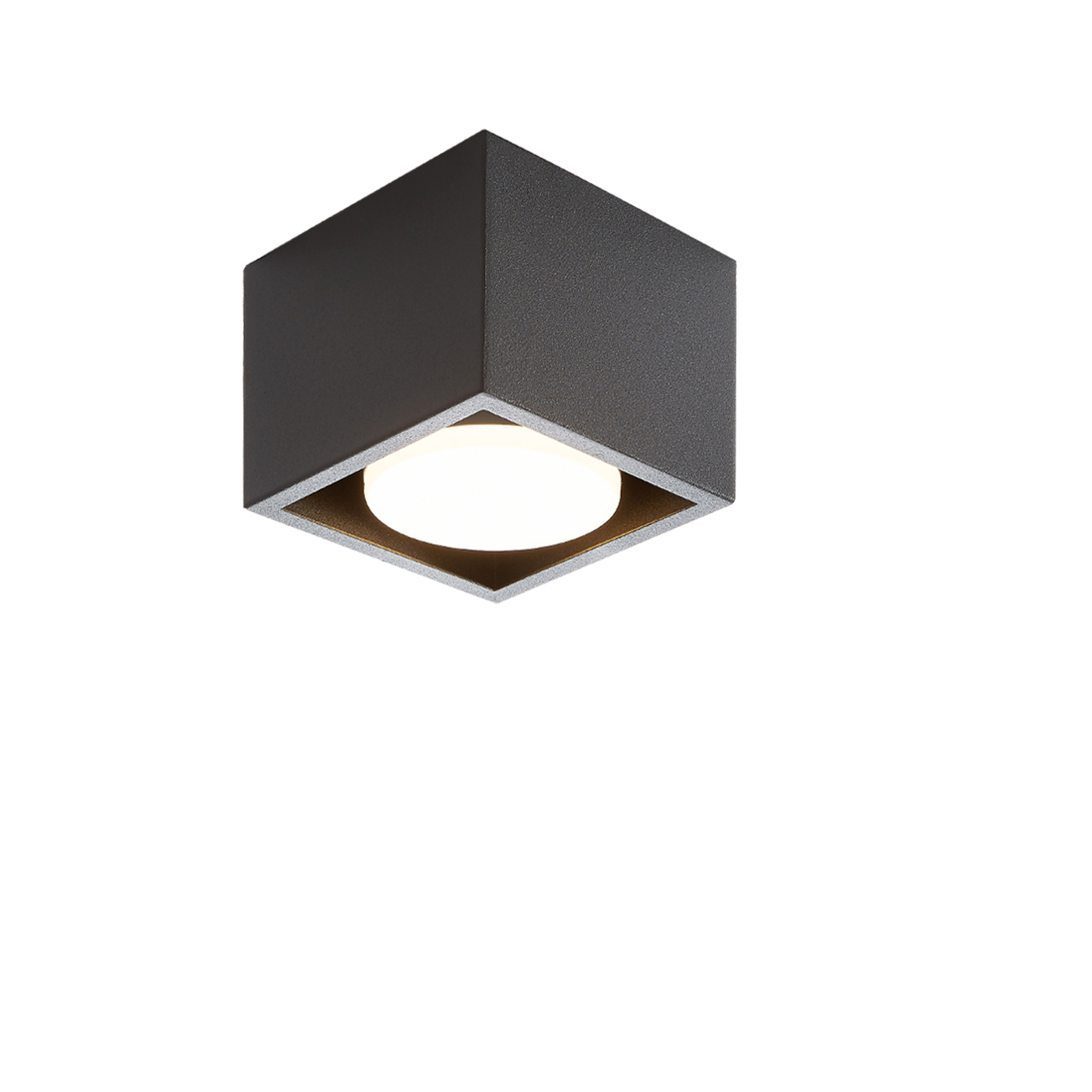 Una plafoniera nera a forma di cubo con un'area centrale rotonda illuminata.