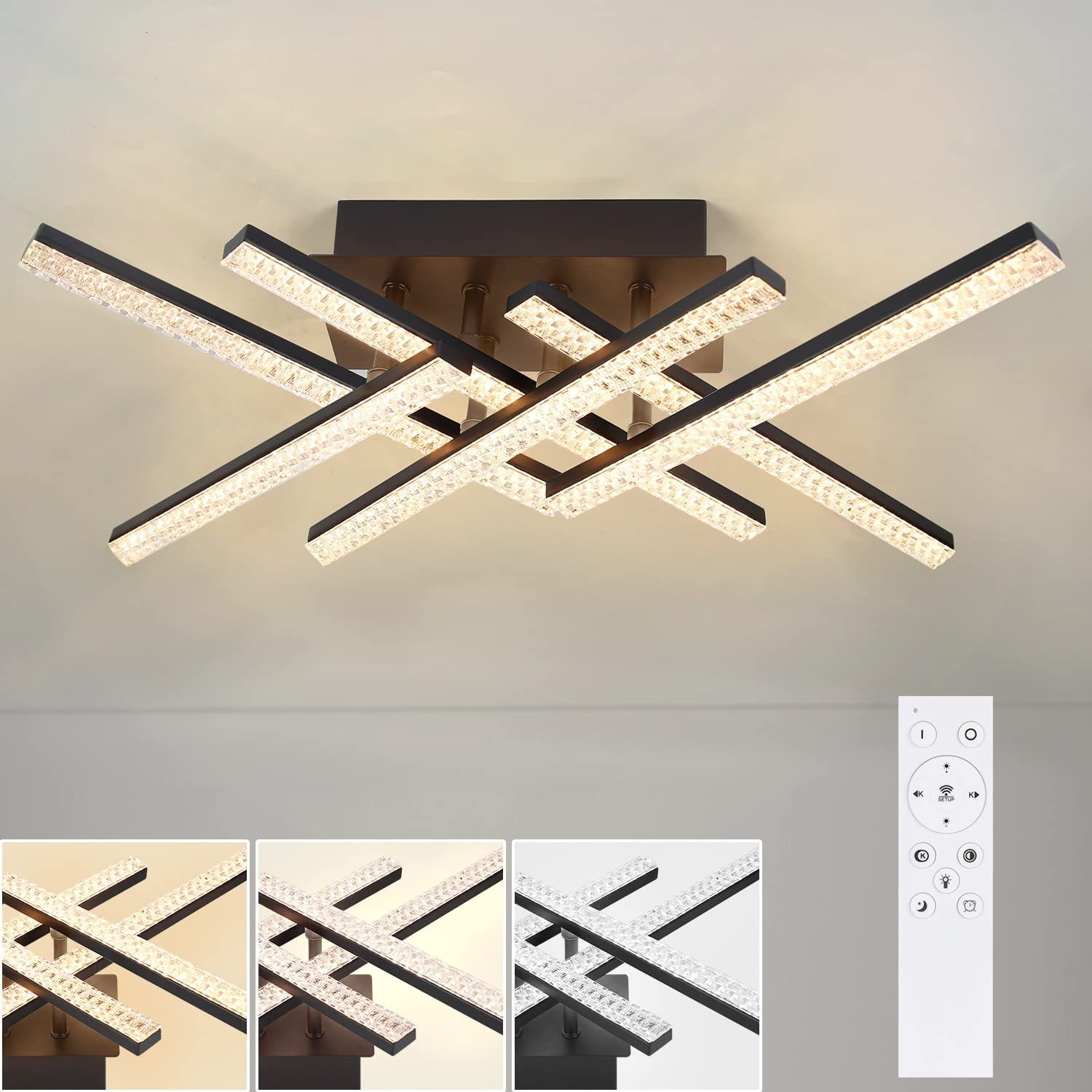 Una moderna luce a soffitto con un design multi-braccio. La luce ha tre impostazioni di colore e un telecomando.