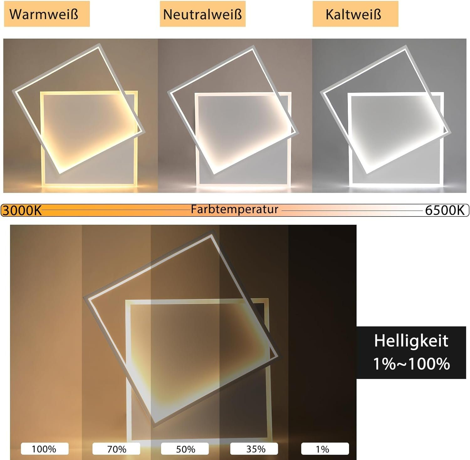 Immagine che mostra diverse impostazioni di luce. Bianco caldo, bianco neutro e bianco freddo. I livelli di luminosità sono visualizzati dal 100% all'1%.