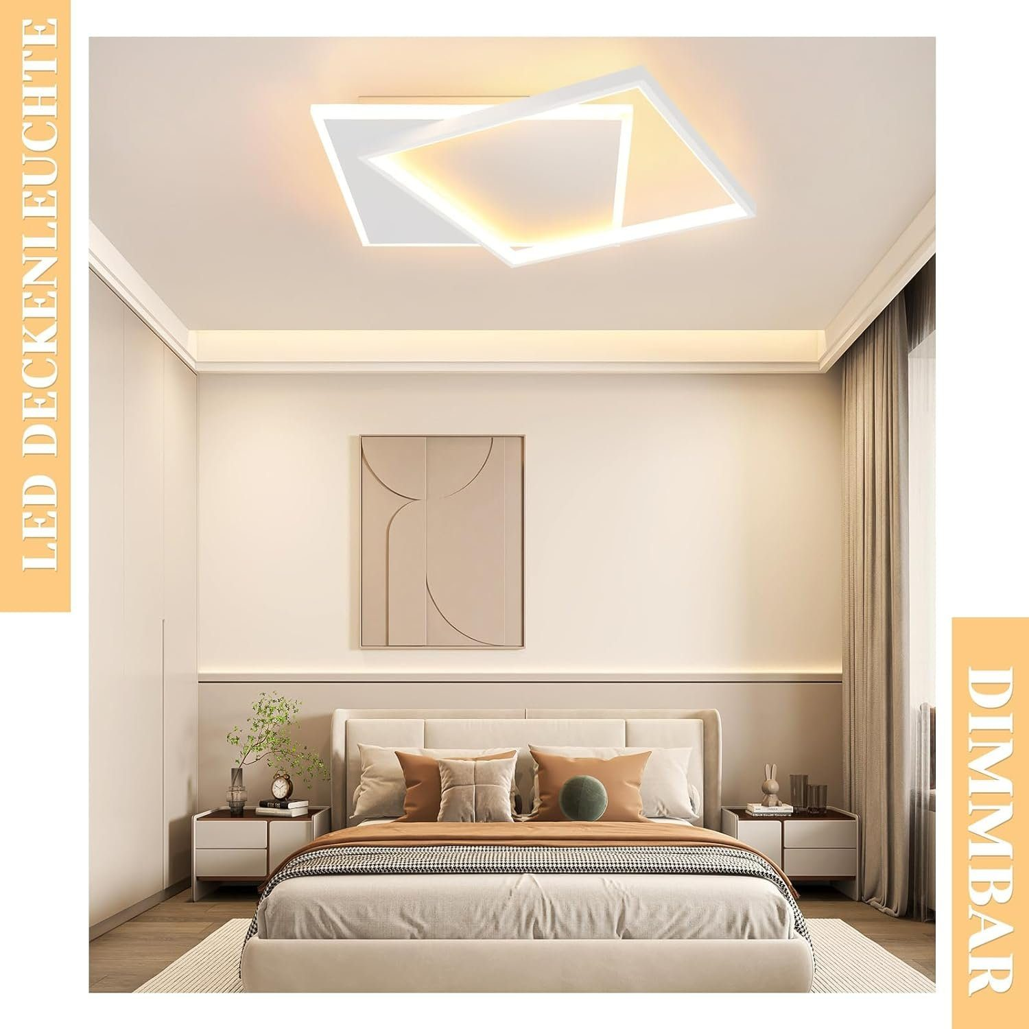Una camera da letto con un letto e due lampade a sospensione. L'illuminazione è accesa. Sfondo parete grigio scuro.