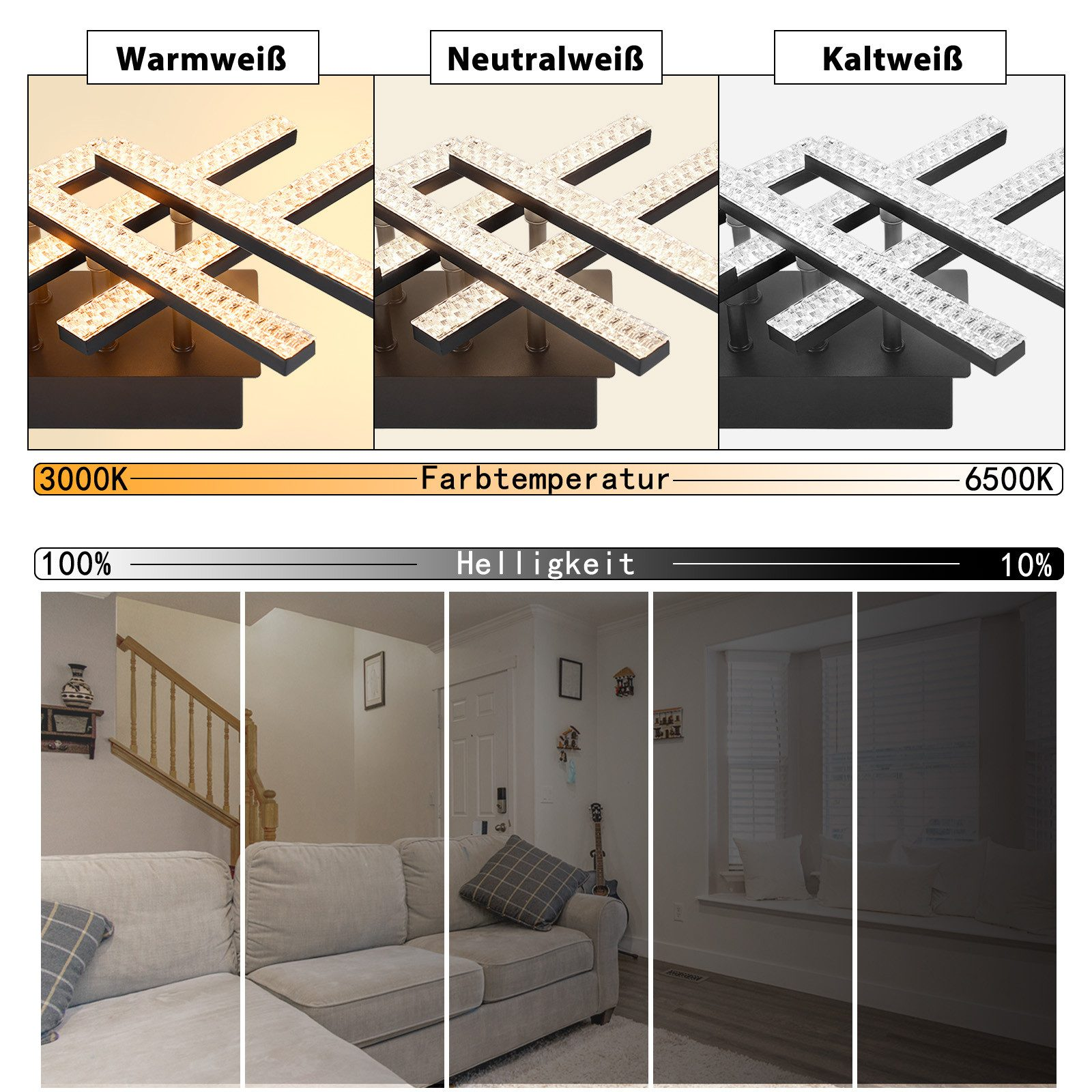 Vengono visualizzate tre diverse opzioni di illuminazione con temperatura di colore. Il testo include "Warmweiß", "Neutralweiß", "Kaltweiß".