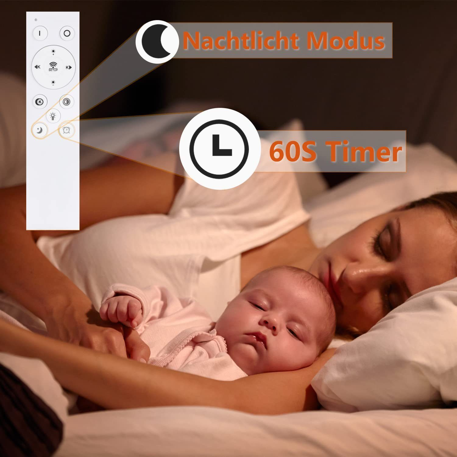 Donna e bambino che dormono a letto, con telecomando e display timer. Modalità luce notturna e timer 60s.