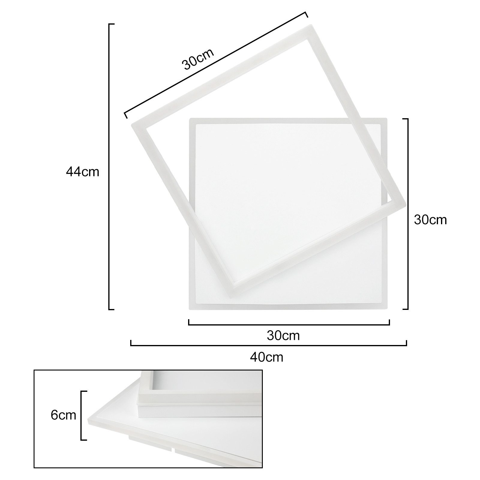 Diagramma di una cornice bianca, con dimensioni e una piccola vista di dettaglio. La cornice è quadrata.