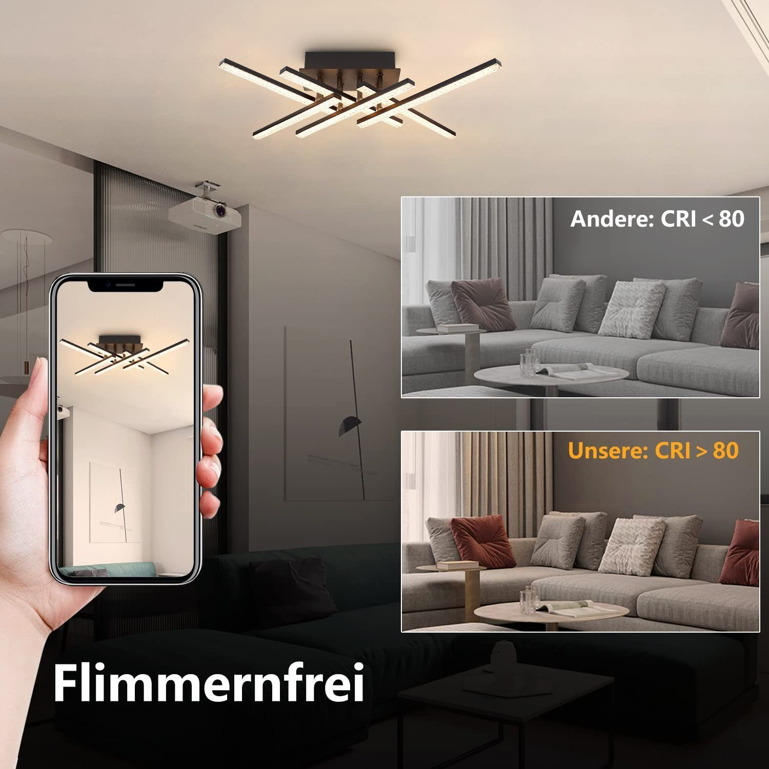 Soggiorno con plafoniera, telefono che mostra la luce e livelli CRI comparativi.