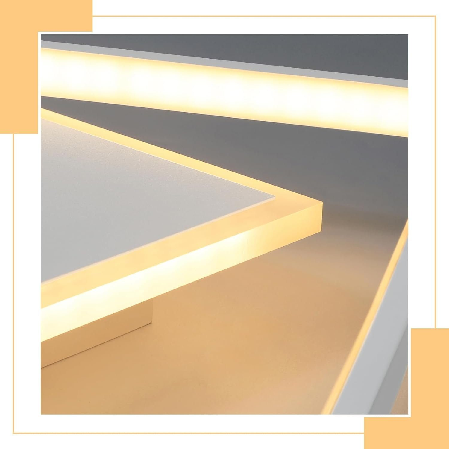 Nahaufnahme einer modernen weißen Deckenleuchte mit hellen LED-Streifen. Das Licht ist nach oben und unten gerichtet.