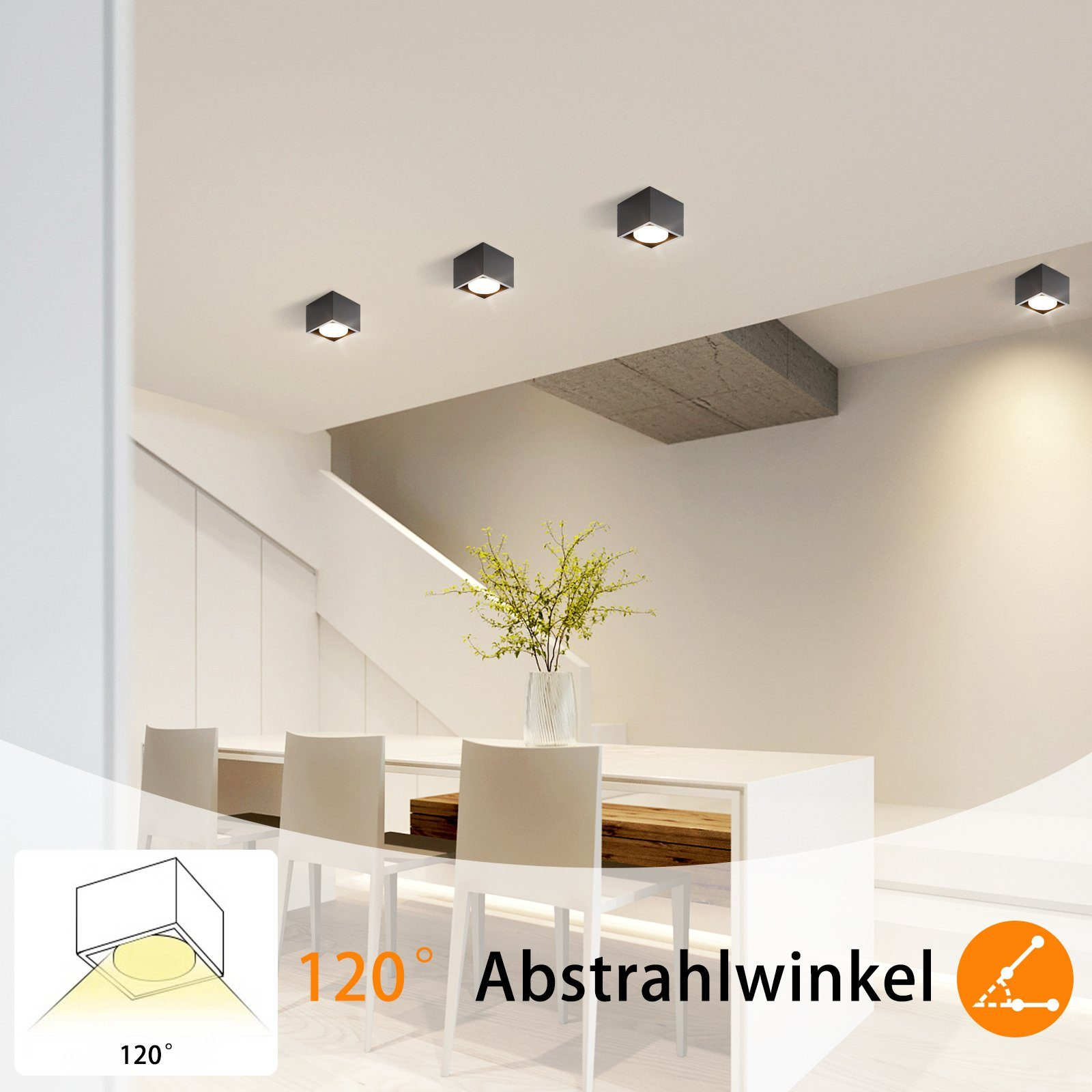 Lampade da soffitto con un angolo di emissione di 120°, mostrate su un tavolo con un vaso di fiori.