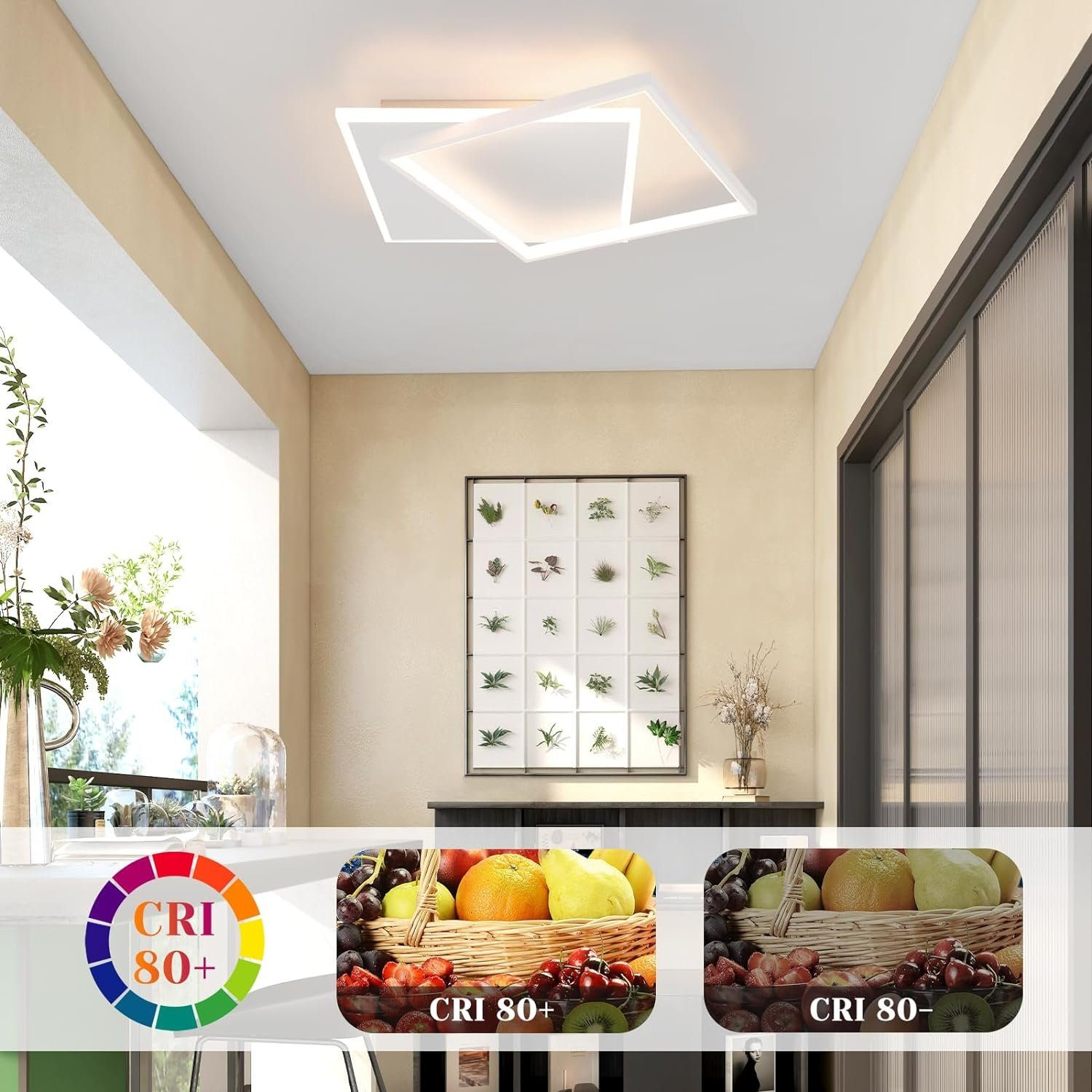 Una stanza moderna con luce a soffitto. Una mostra di frutta e verdura è sotto.
