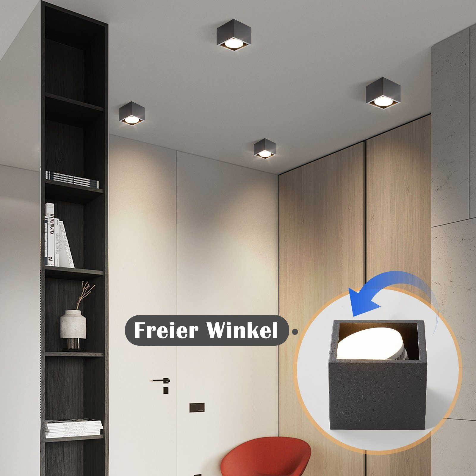 Lampade a soffitto su soffitto bianco. Una luce è ingrandita, mostrando una forma quadrata.