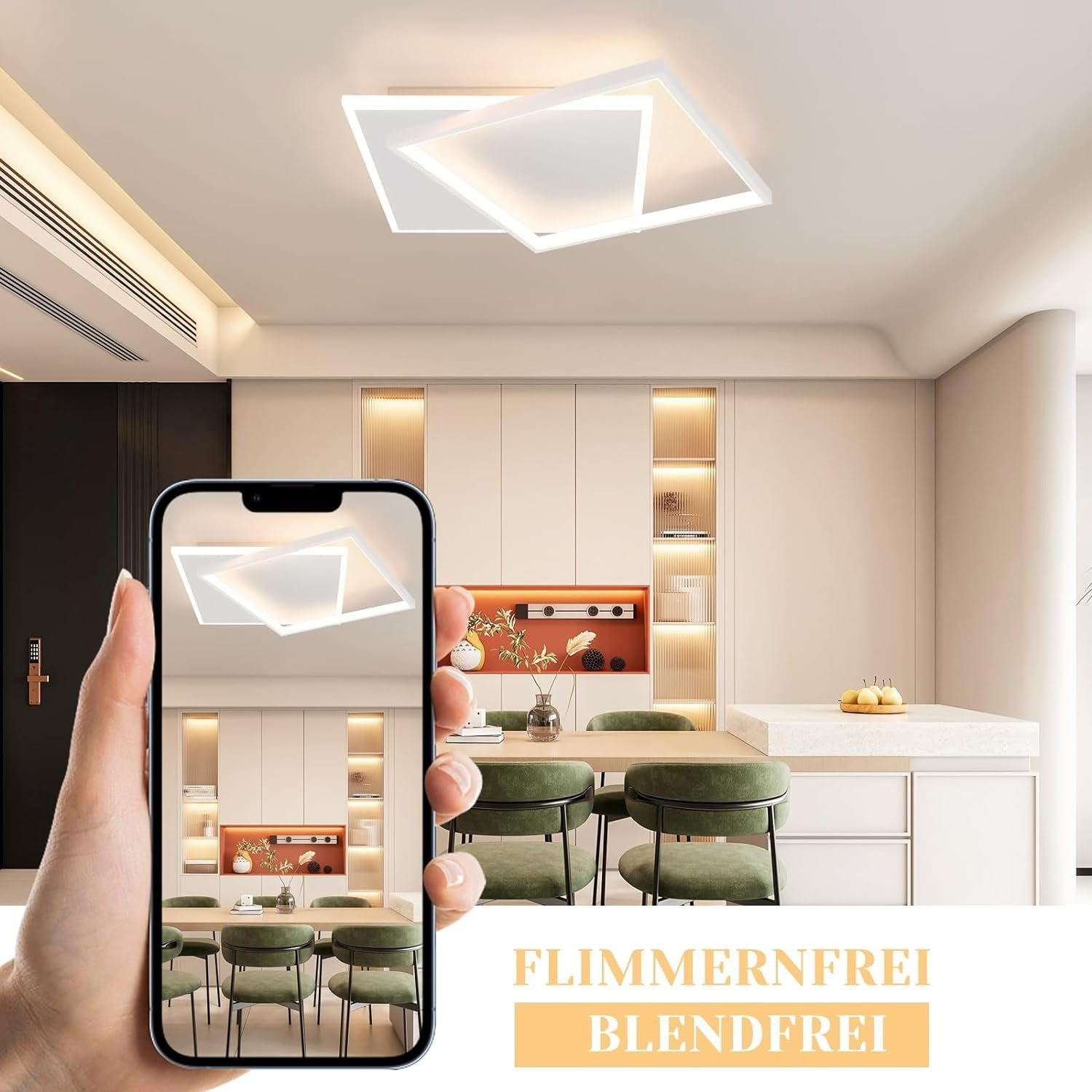Una mano che tiene un telefono che mostra una luce a soffitto bianca. L'apparecchio di illuminazione ha una forma geometrica.
