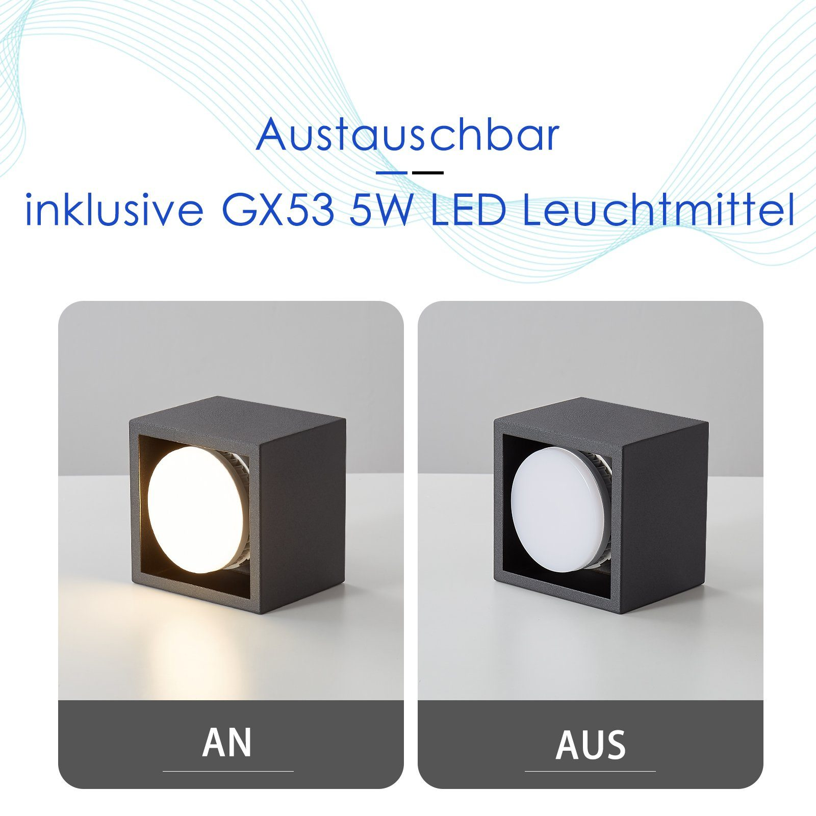 Due luci a forma di cubo, una accesa e una spenta. Testi 'AN' e 'AUS' mostrati. Colori grigio e bianco.