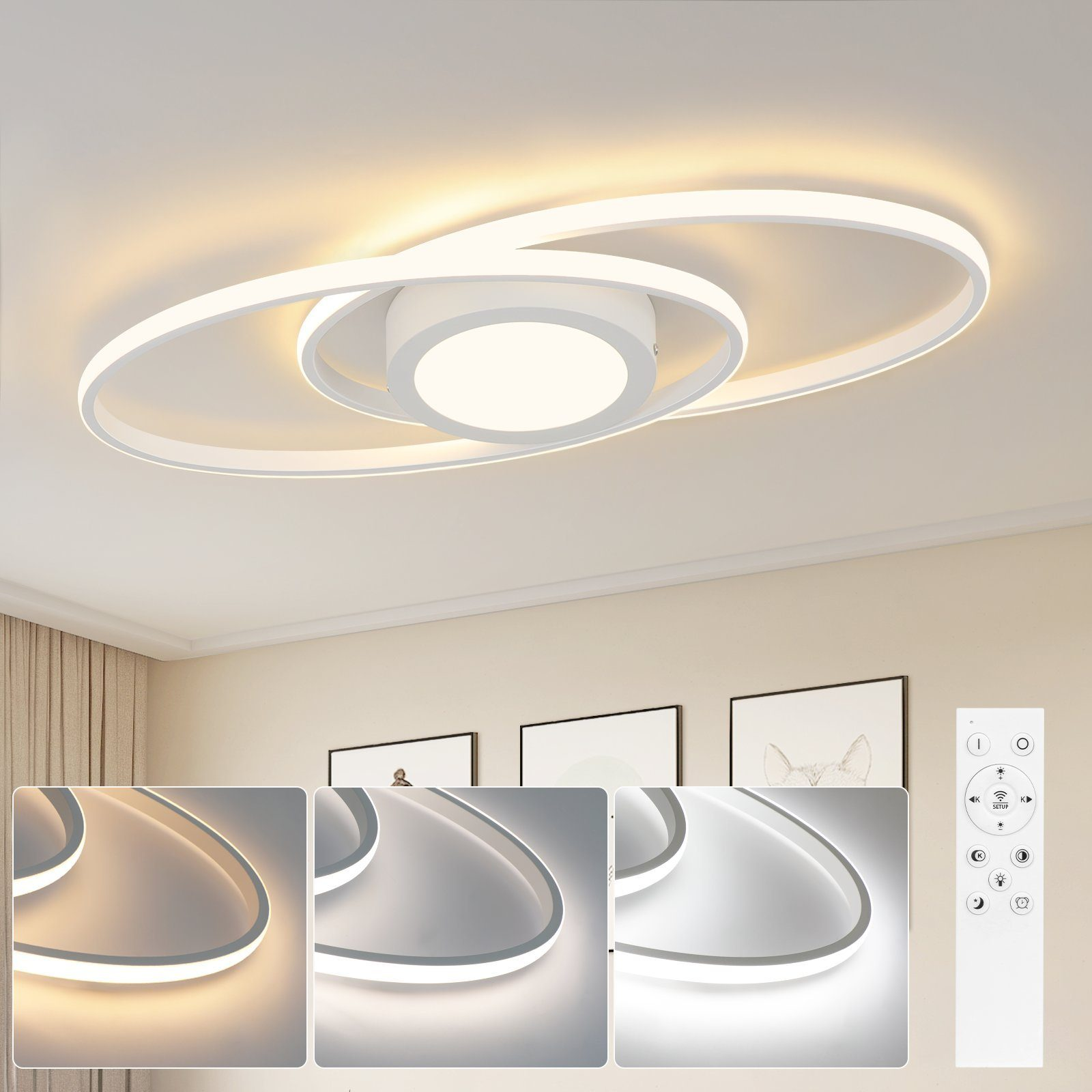 Biała lampa sufitowa z spiralnym wzorem. Pokazano trzy różne ustawienia światła.